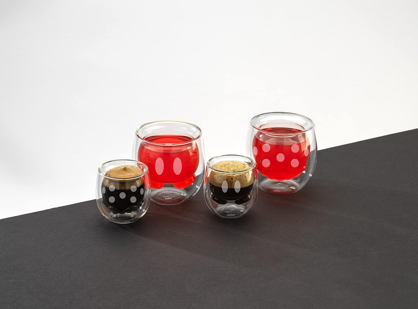 JoyJolt Mickey Pants and Minnie Skirt 3D 2oz Espresso Cups. Double Walled Espresso Glasses (2pc) Small Double Wall Glass Coffee Cups. Demitasse Cups, Espresso Measuring Cup or Liqueur Shot Glasses