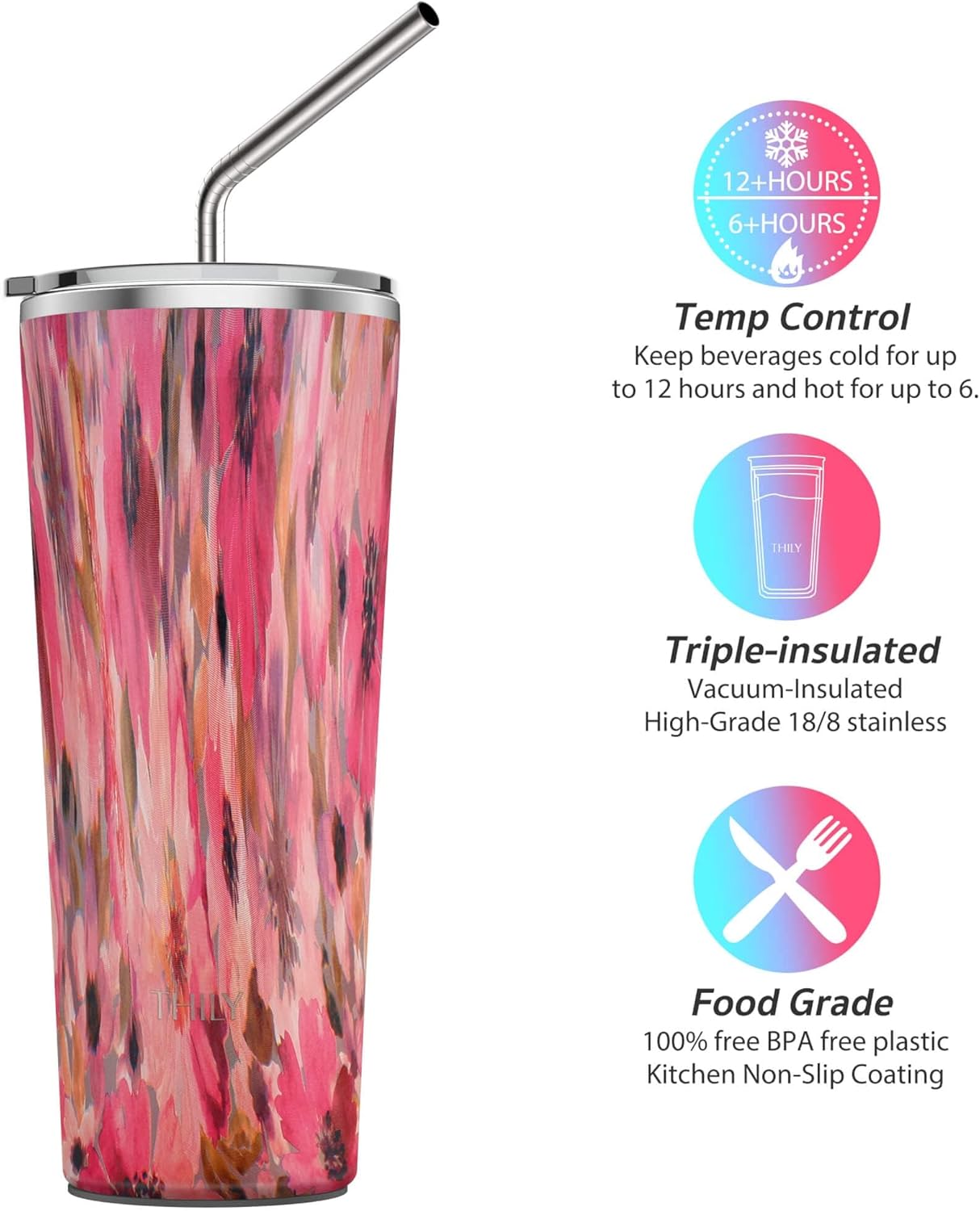 THILY Vacuum Insulated Stainless Steel Tumbler Travel Mug 26 oz Coffee Cup with 2 Lids and Straws, Splash Proof, Reusable, Keep Iced Drinks Cold, Watercolor Flower
