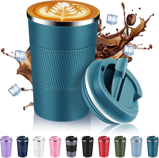 Volhoply 13 oz Stainless Steel Insulated Travel Coffee Mug with Fip Lid,Reusable Double Wall Vacuum Metal Coffee Cup,Portable to Go Leak Proof Cafe Thermal Tumbler for Hot & Cold Drinks(Bule,1)