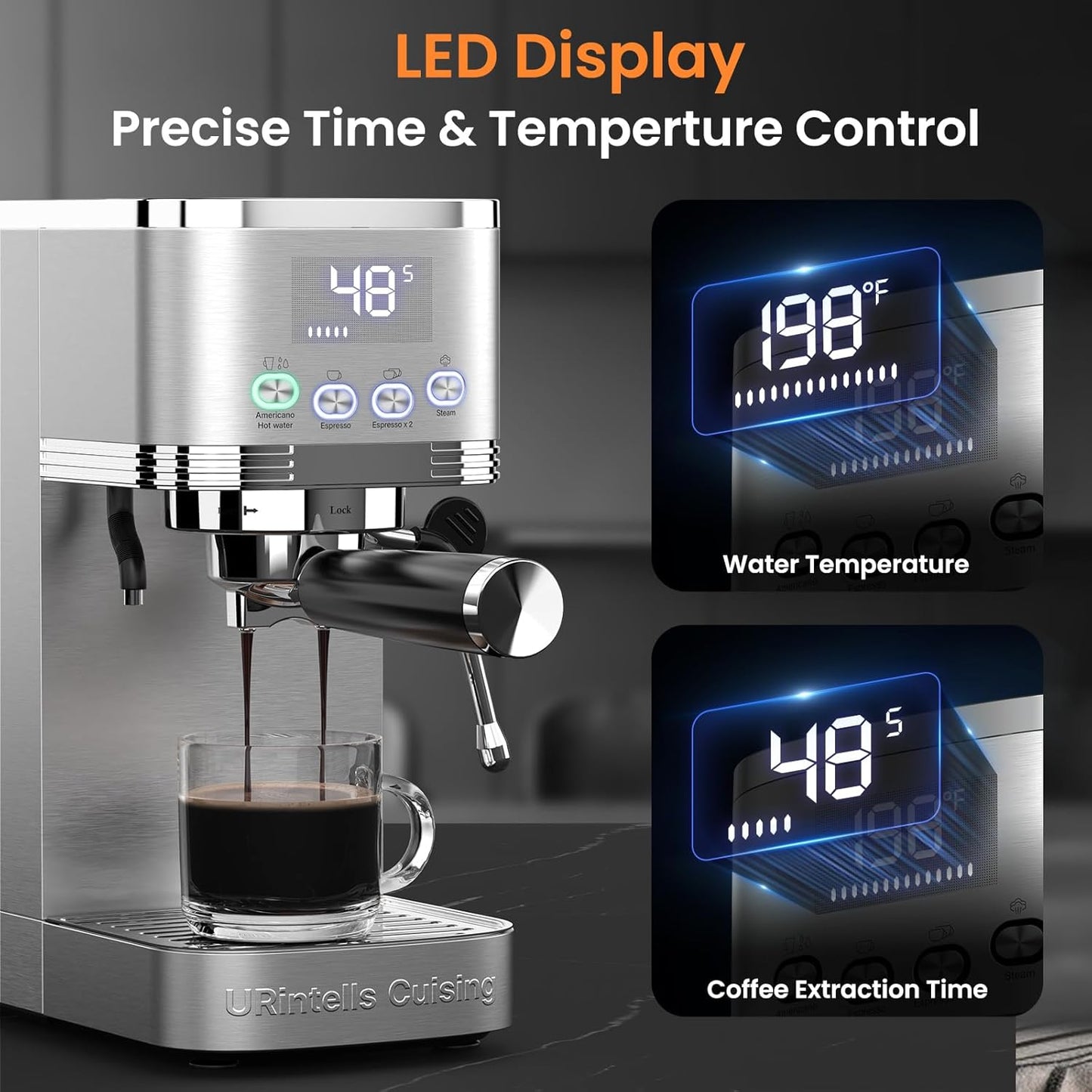 Espresso Machine 20 Bar Temperature Control LED Display Expresso Machine for Home with Steam Milk Frother for Cappuccino Latte Stainless Steel Espresso Maker with Removable Water Tank for Americano