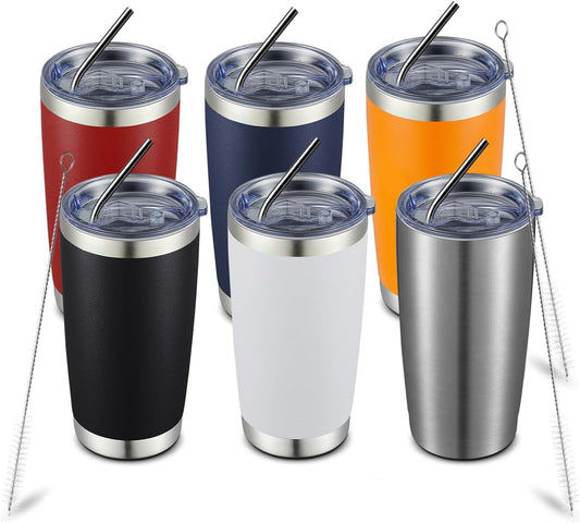 COMOOO 20oz Tumbler with Straw Stainless Steel Insulated Coffee Tumbler Cups Double Wall Vacuum Travel Coffee Mug with Splash Proof Sliding Lid for Hot Cold Drinks (Mix Color,6 Pack)