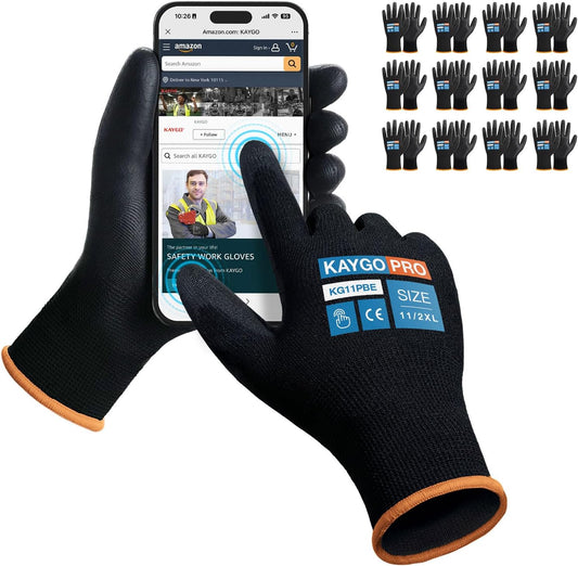 KAYGO Safety Work Gloves PU Coated for Men and Women, 12 Pairs KG11PB, Seamless Knit Glove with Two Fingers Touchscreen, breathable and lightweight Ideal for General Duty Work (2XL,Black)