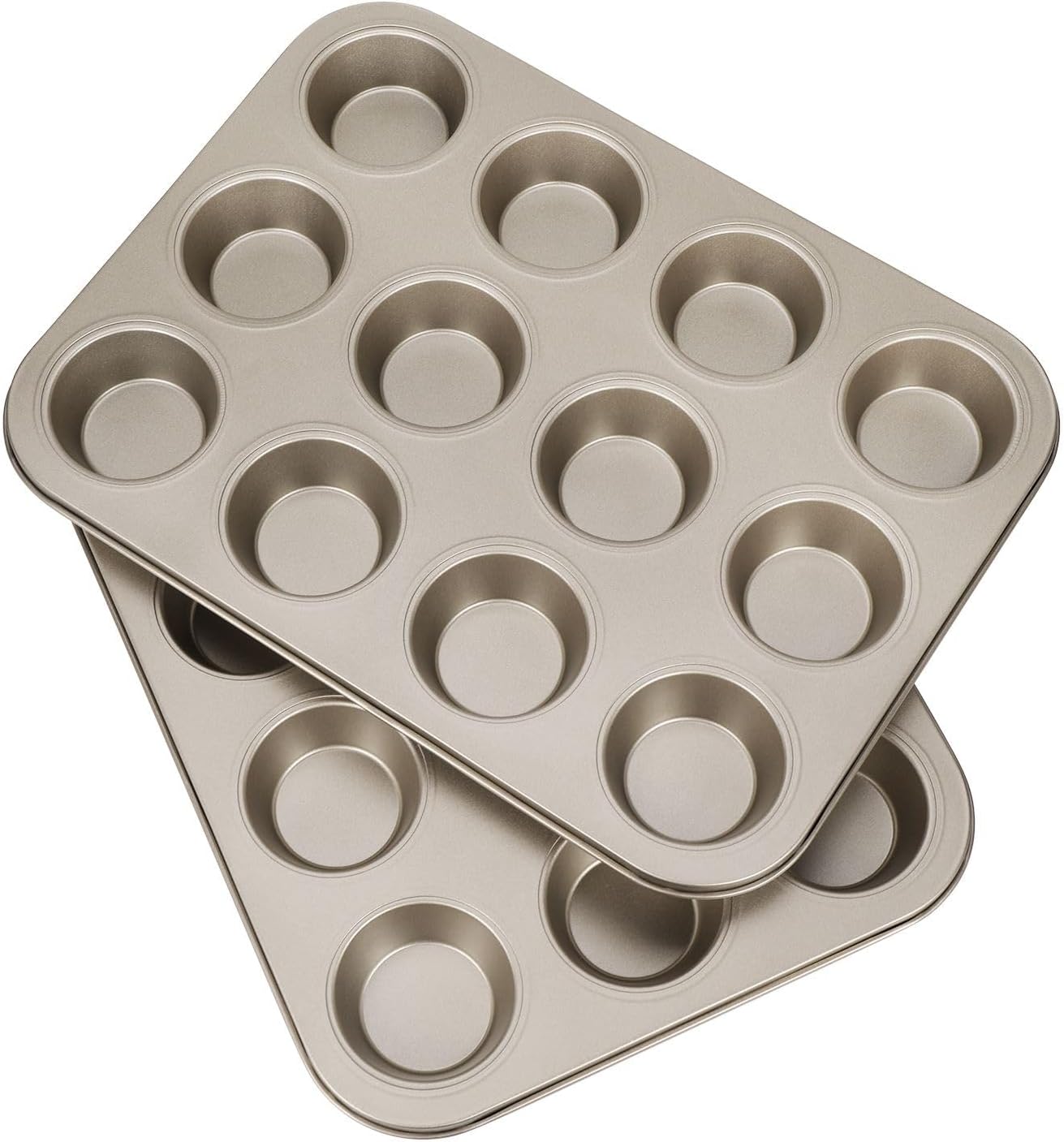 Flexzion Muffin Tray Cupcake Baking Pan 2 Pack, 12-Cup Nonstick Carbon Steel Muffin Tin Non-Stick Cupcake Tin Bakeware Accessories for Baking Cupcake Muffin Brownies Snack, Fridge Safe, Champagne Gold