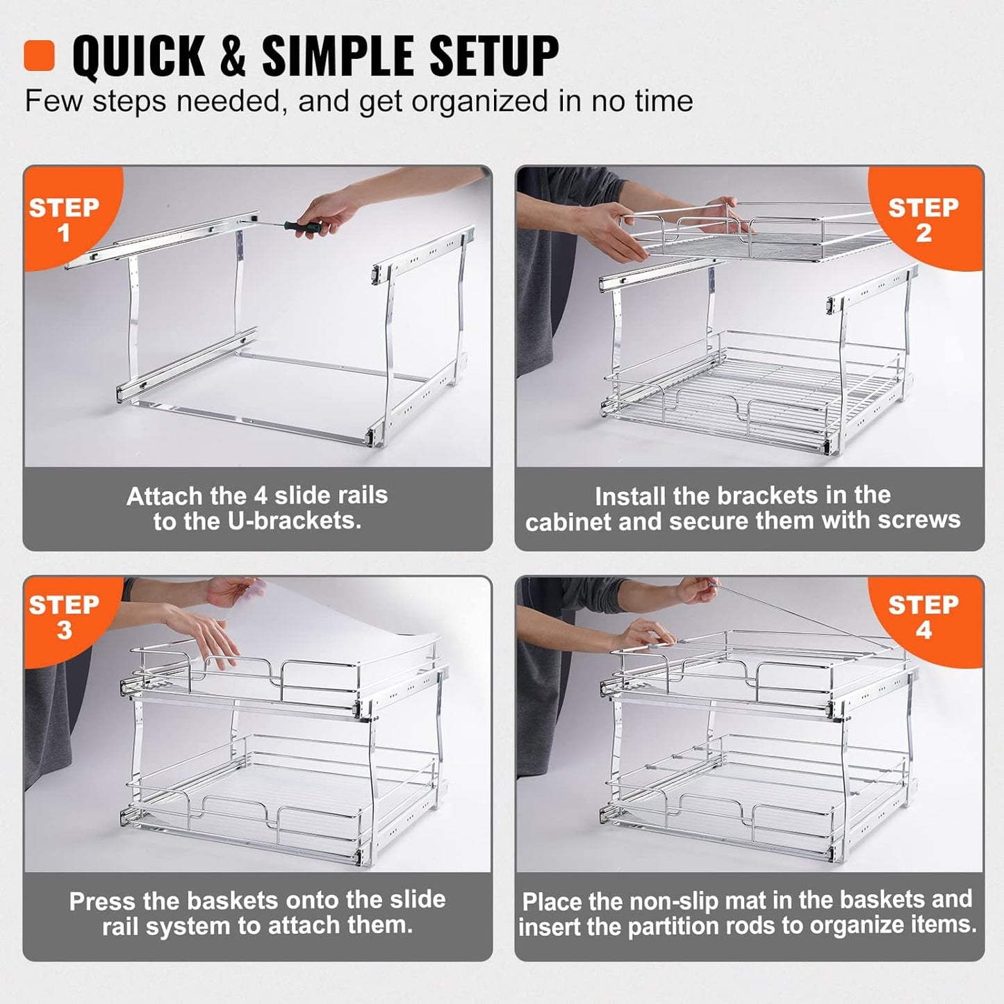 VEVOR 20"Wx21"D Pull Out Cabinet Organizer, 20"Wx21"D 2 Tier Heavy Duty Slide Out Pantry Shelves, Chrome-Plated Steel Roll Out Drawers, Sliding Drawer Storage, 21.5"Wx22"D Install Size for Cabinet