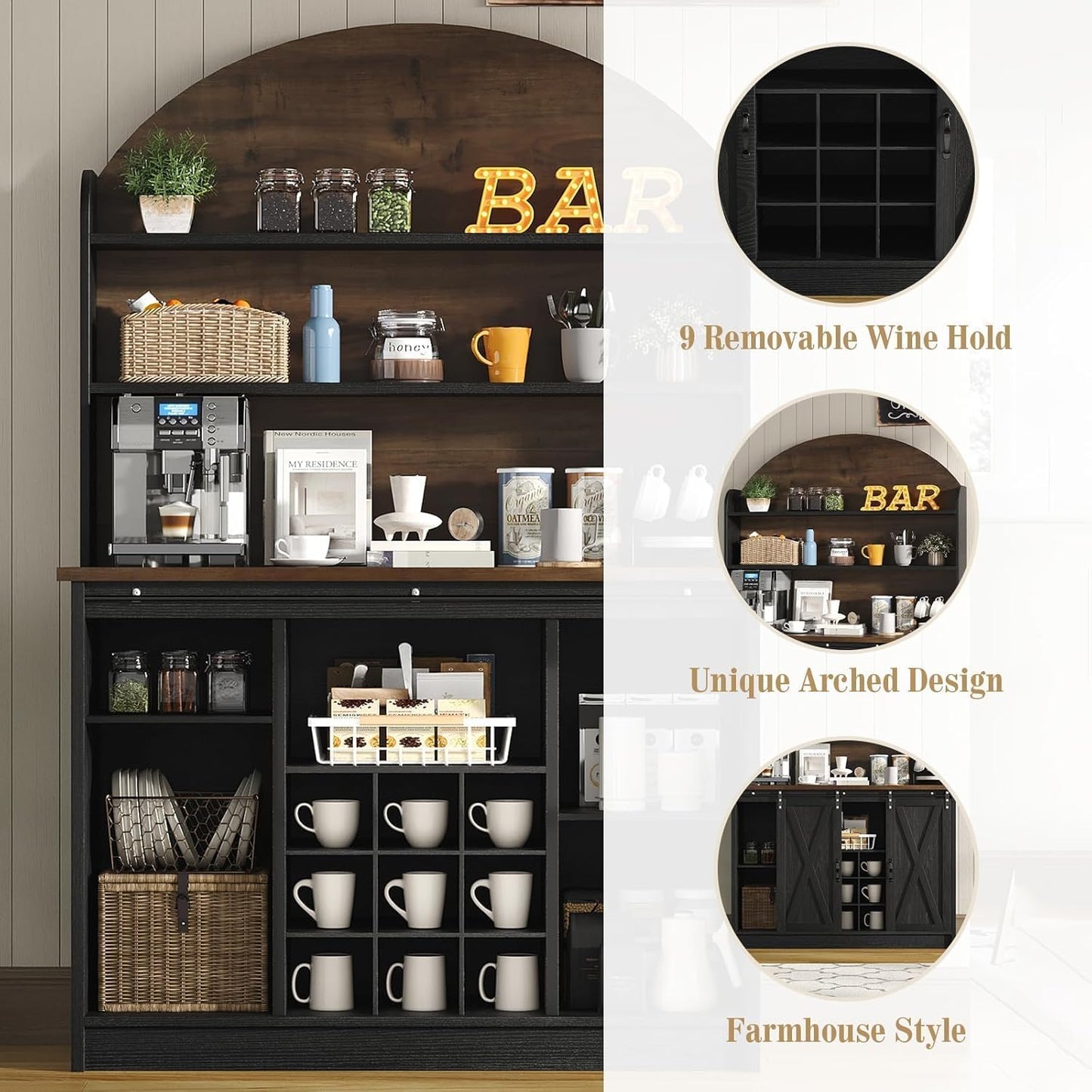 63" Farmhouse Coffee Bar Cabinet with Storage, Black Coffee Bar with Sliding Doors & Wine Racks, Hutch Cabinet with Storage, Adjustable Shelves, Wine Bar for Kitchen Living Dining Room, Black