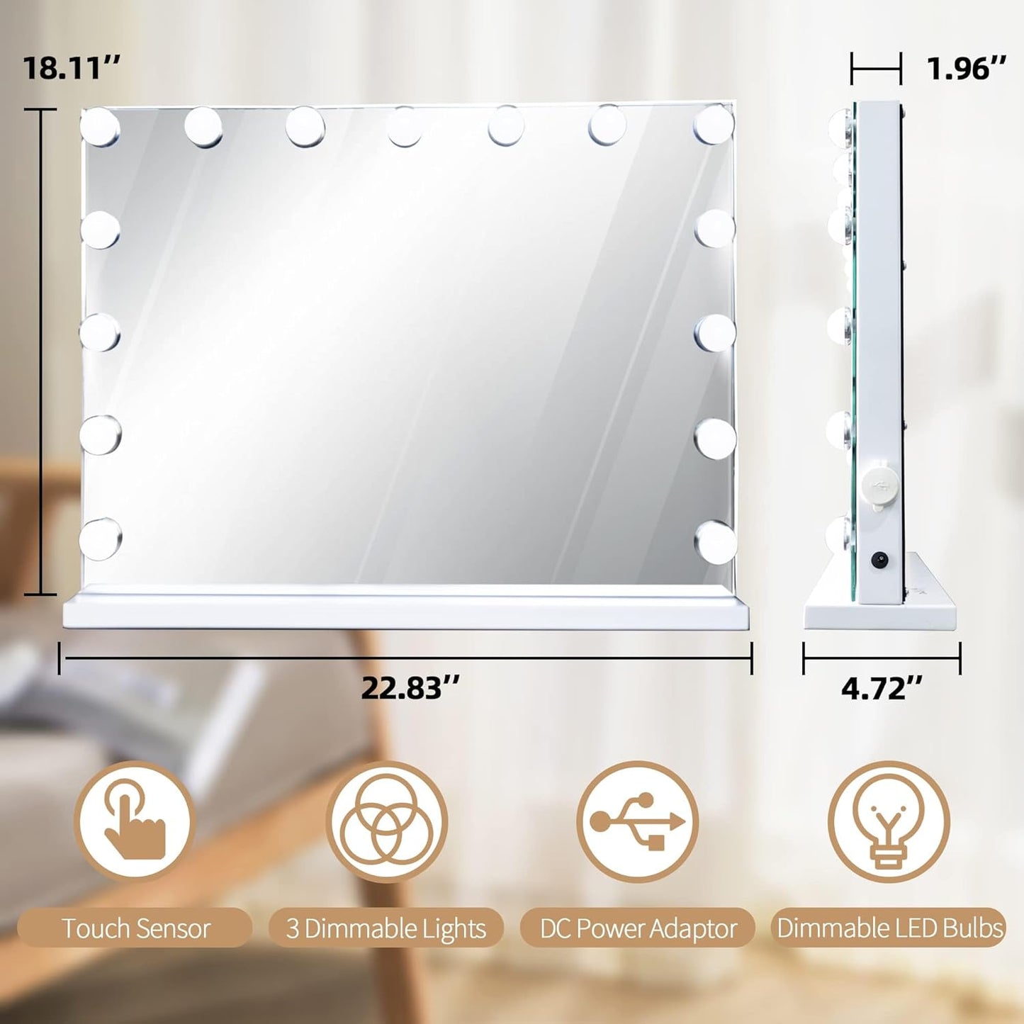 Hollywood Vanity Mirror with Lights, 15 Dimmable LED Bulbs 3 Color Lighted Makeup Mirror with Detachable 10X Magnification Mirror, Tabletop or Wall-Mounted, Touch Control