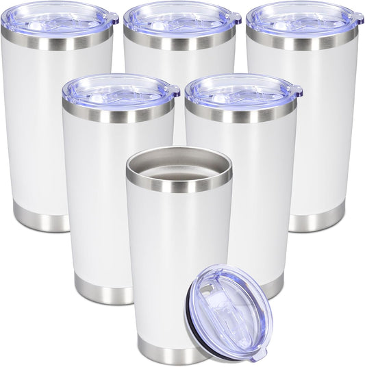 20 oz Tumbler with lid Double Wall Vacuum Insulated Tumblers Stainless Steel Coffee Mug Travel Coffee Tumbler Powder Coated Tumbler Cup Keep Hot&Cold - (White 6 Pack)