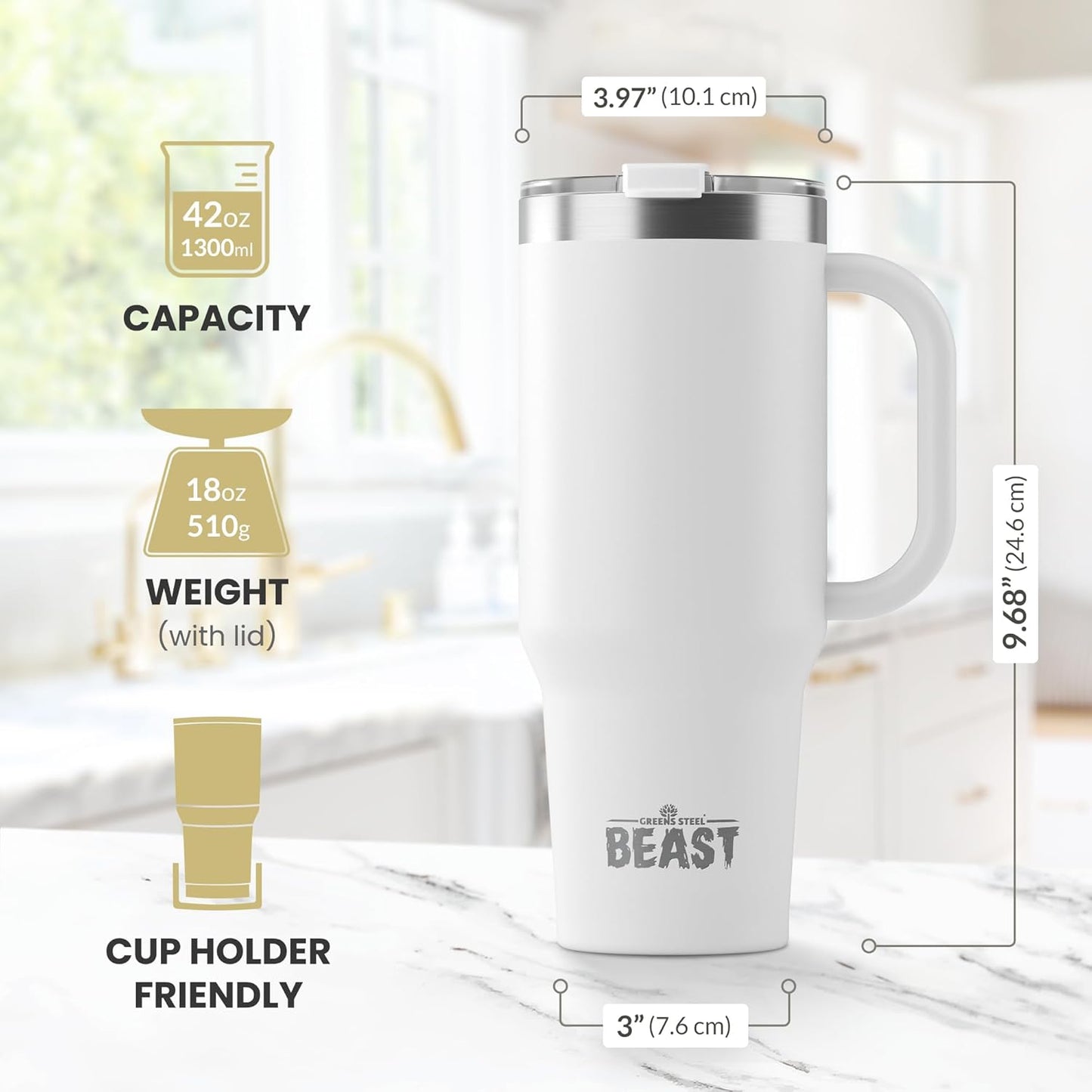 Beast 42 oz Tumbler Stainless Steel Vacuum Insulated Coffee Ice Cup Double Wall Travel Flask (Arctic White)