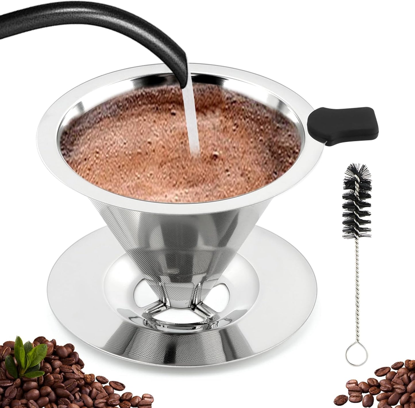 Pour Over Coffee Dripper with Cleaning Brush, Stainless Steel Cone Coffee Filter Fine Mesh Double Layer, Paperless Reusable Coffee Filter, Drip Cone Brew Coffee Strainer(SIZE:Small)