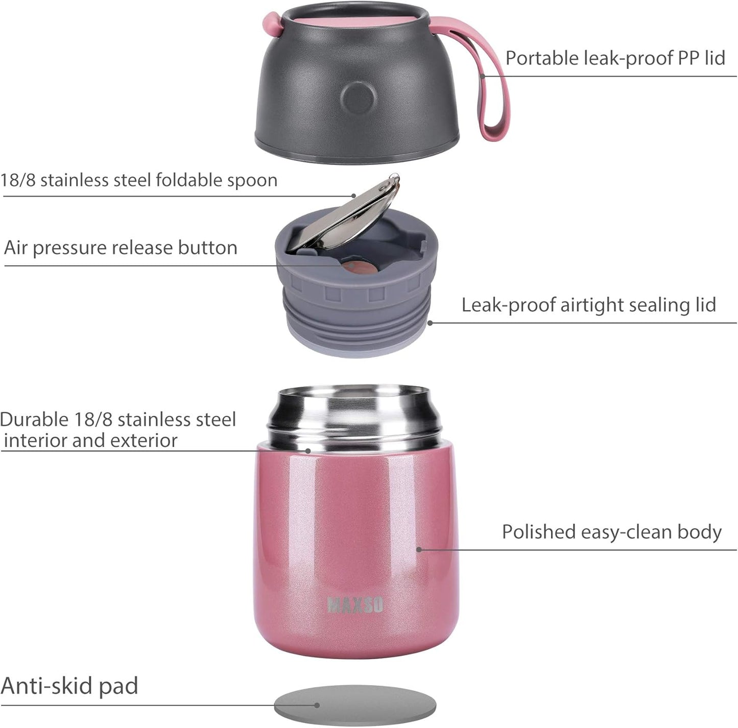 Insulated Food Jar for Hot & Cold Food for Kids Adult,17 oz Soup Thermo Hot Food Containers for Lunch, Triple Layer Insulation Stainless Steel Food Jar with Spoon (Pink)