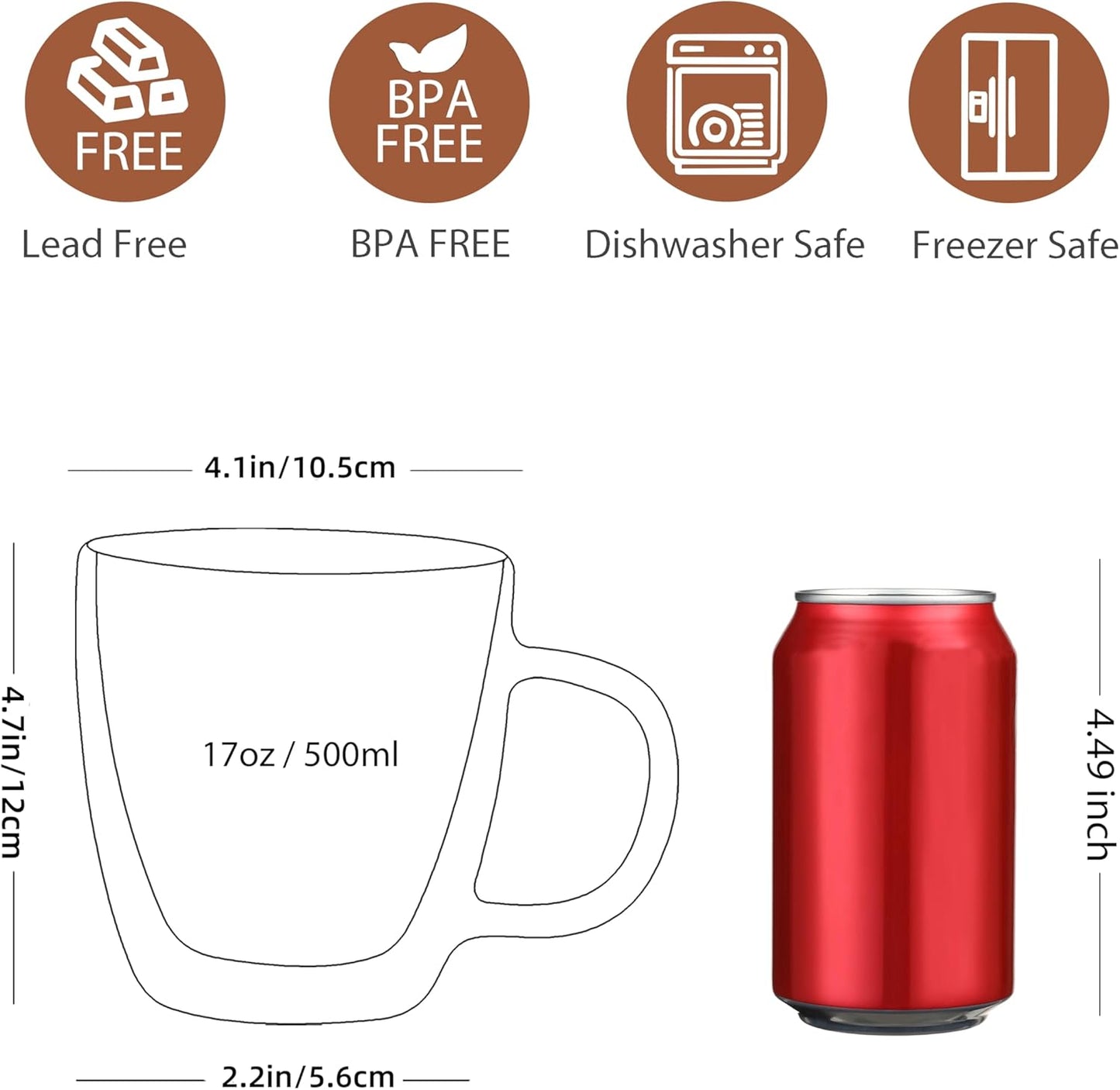 CNGLASS Large Glass Coffee Mugs 17oz,Double Walled Insulated Clear Coffee Cups with Handle,Clear Espresso Mugs for Cappuccino,Latte,Tea Bags,Hot and Cold Beverages,Set of 4