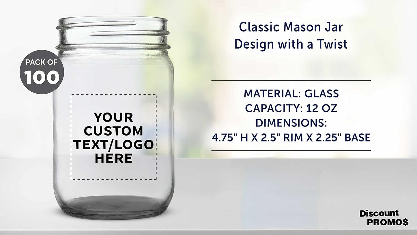 DISCOUNT PROMOS Custom Decorating Mason Jars 12 oz. Set of 100, Personalized Bulk Pack - Glass Jars for Overnight Oats, Candies, Fruits, Pickles, Spices, Beverages - Black