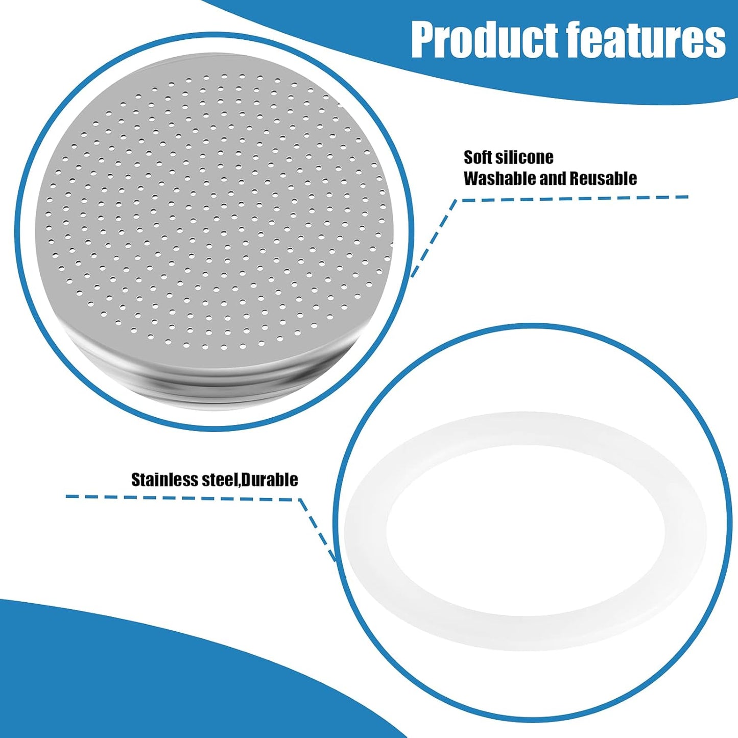 6 Pieces Moka Pot Replacement Cup Gasket with 2 Pcs Stainless Filter Silicone Moka Express Replacement Seals Funnel Kits Compatible Espresso Coffee Maker Parts(6-cup)