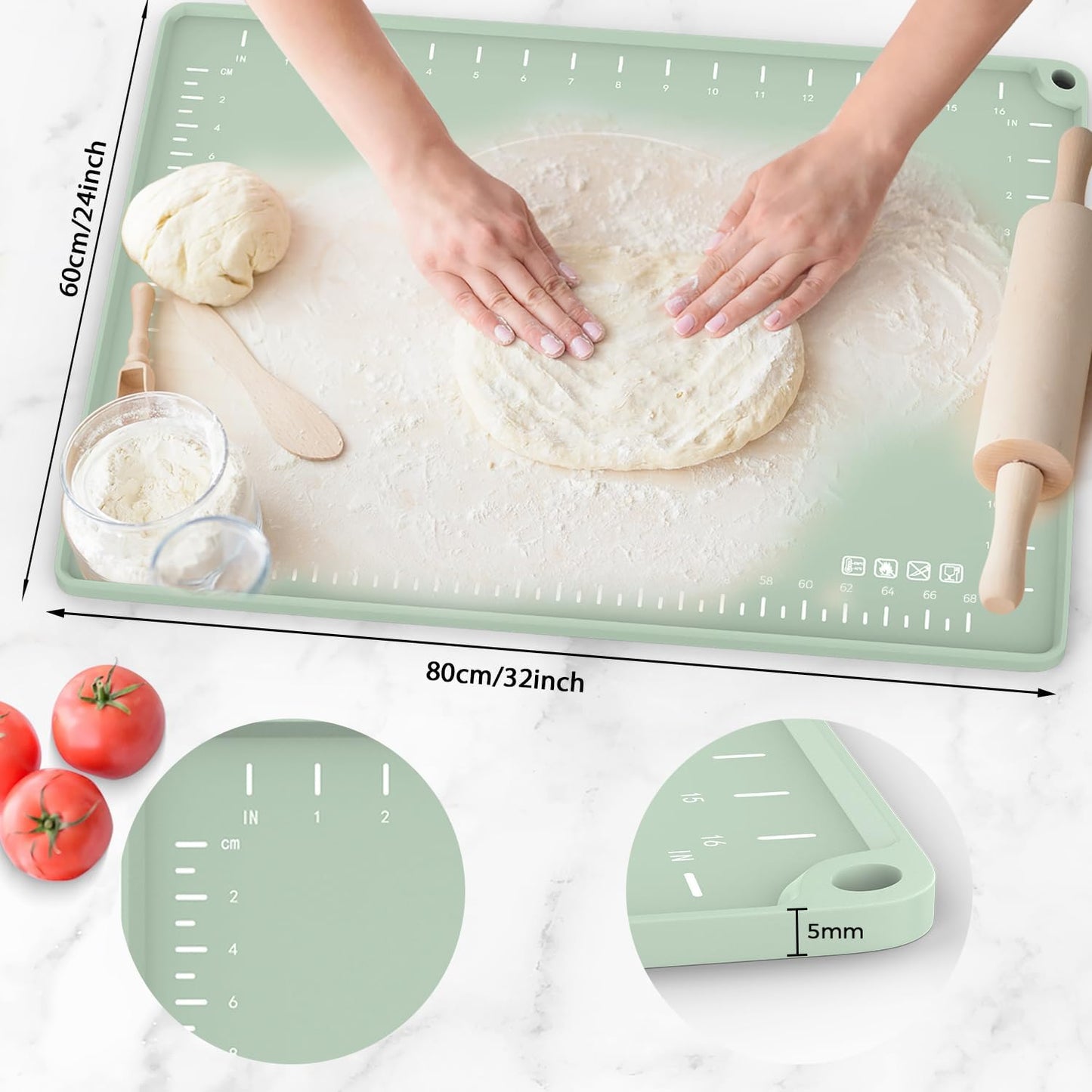 Silicone Baking Mat 32" x 24", Extra Thick Dough Rolling Mat with Measurements and Edge Heightening, Non-stick Food Grade Silicone Pastry Mat for for Pastry, Bread, Cookies, Pizza, Fondant, Pasta