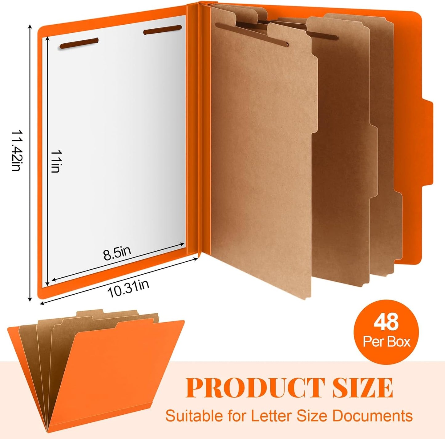 48 Pcs Classification Folders Letter Size, Back to School Supply for Teacher, Student, 3 Dividers Pressboard File Folder Bulk with 2 Fasteners, 3.5 Inch Expanding File Organizer (Orange)