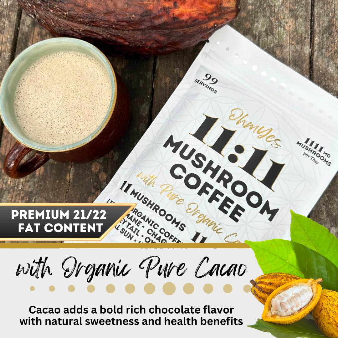 Organic Mushroom Coffee with Cacao – 11x Adaptogenic Mushrooms for Focus, Clarity & Energy – Lion’s Mane, Reishi, Chaga + Nootropic Superfood by OhmYes (7oz) - 99 Servings