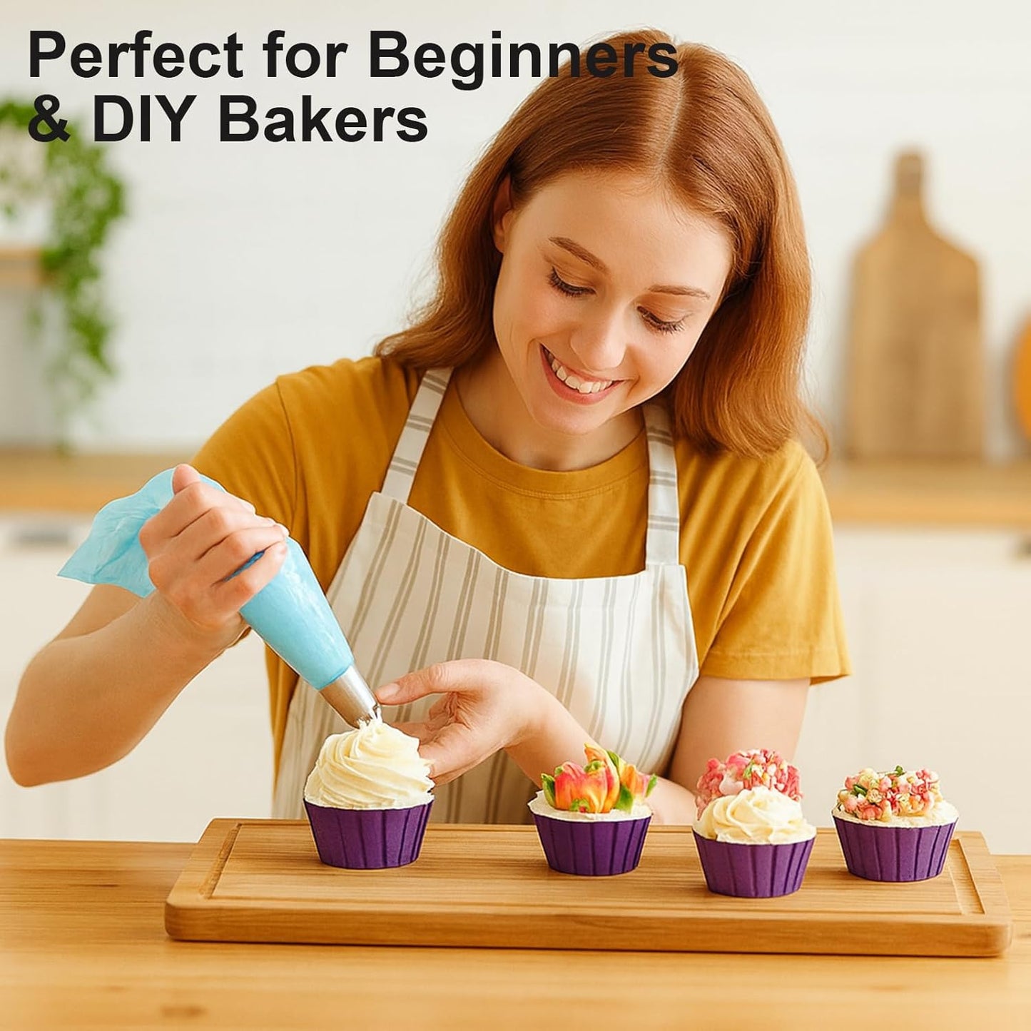 Russian Piping Tips Set – 12 Flower Frosting Nozzles, 2 Leaf Piping Tips, 2 Couplers, 20 Pastry Bags & 1 Reusable Bag – Large & Mini Russian Piping Tips for Cake Decorating, Cupcakes, Cookies