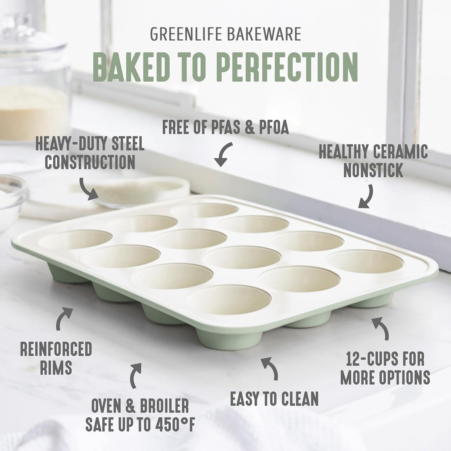 GreenLife 12-Cup Muffin Pan, Healthy Ceramic Nonstick Bakeware, PFOA & PFAS-Free Cupcake Tray, Durable Baking Pan, Versatile Kitchen Essential, Easy Clean Muffin Mold, Nonstick Baking Sheet, Sage