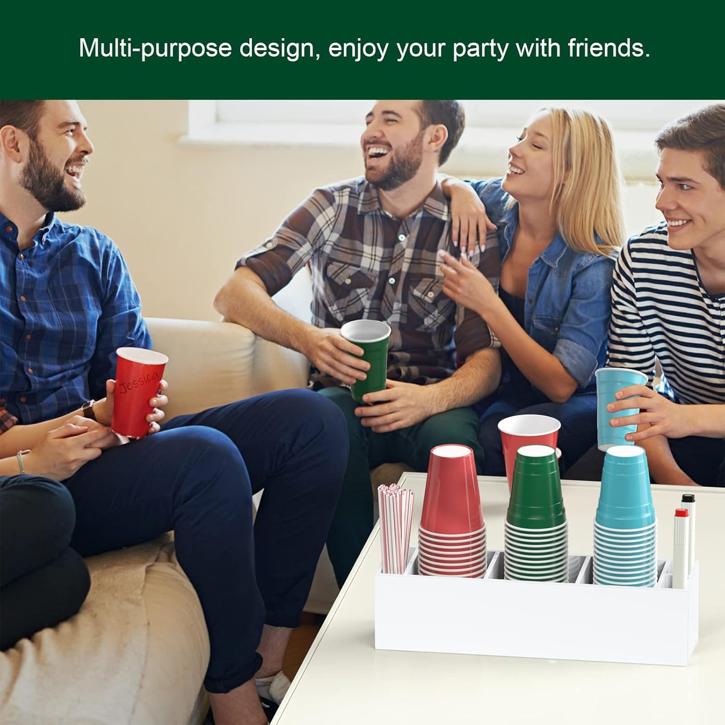 Triple Cup Holder With Marker Slot, Party Dispenser Acrylic Organizer, Mark Your Drink Caddy, Modern Bar Counter Decor, White