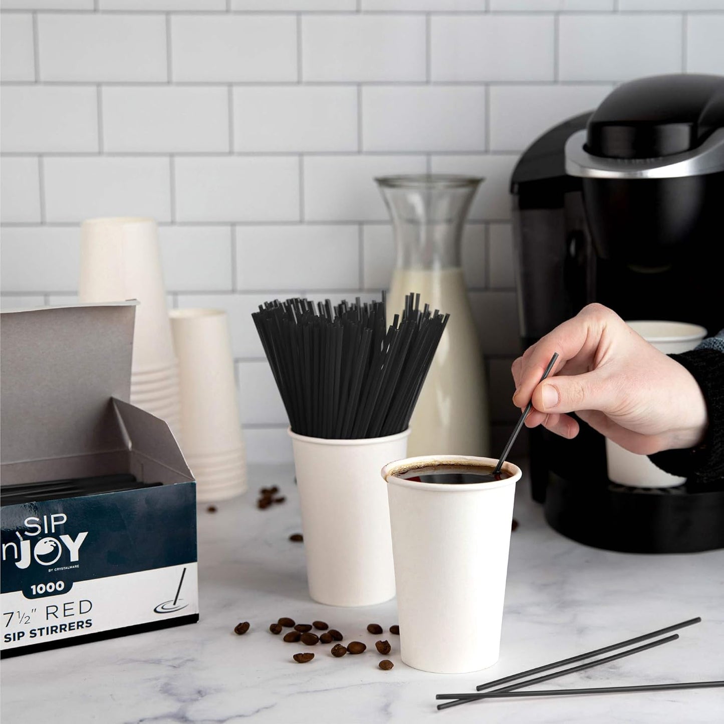 Crystalware, Plastic Stir Straw, Sip Stirrer, For Coffee and Cocktail, 7 1/2 Inches 1000/Box, Black