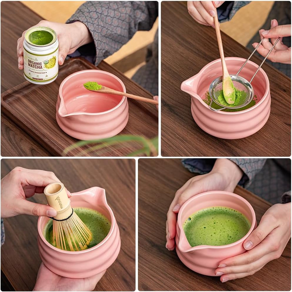 6 Pcs Matcha Set - Ceramic Bowl with Spout, Matcha Whisk with Holder, Tea Powder Canister, Sifter and Spoon, Complete Kit for Traditional Matcha, Modern Lattes, and Tea Ceremonies (Pink)