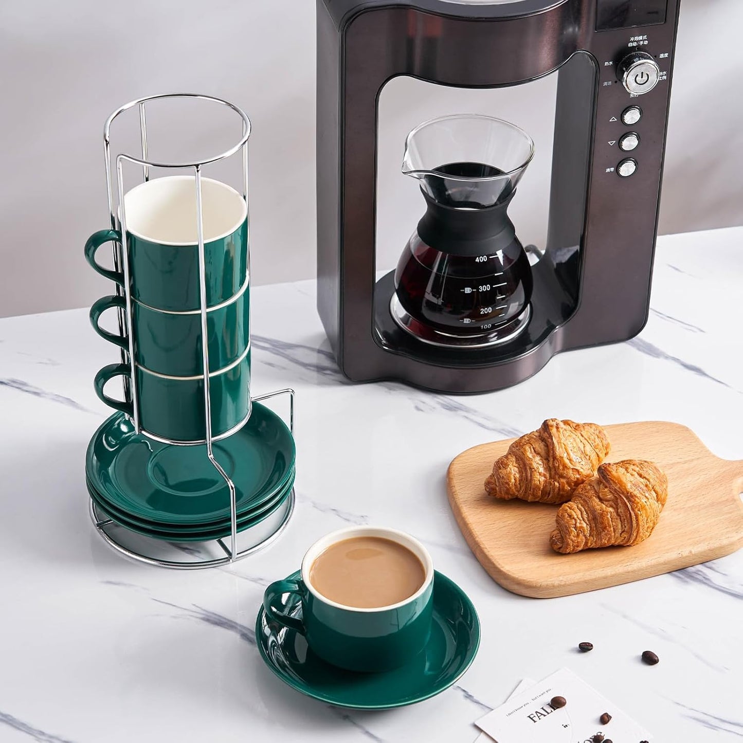 8 Ounce Porcelain Cappuccino Cups with Saucers and Silver Stand, Green Cups Set of 4