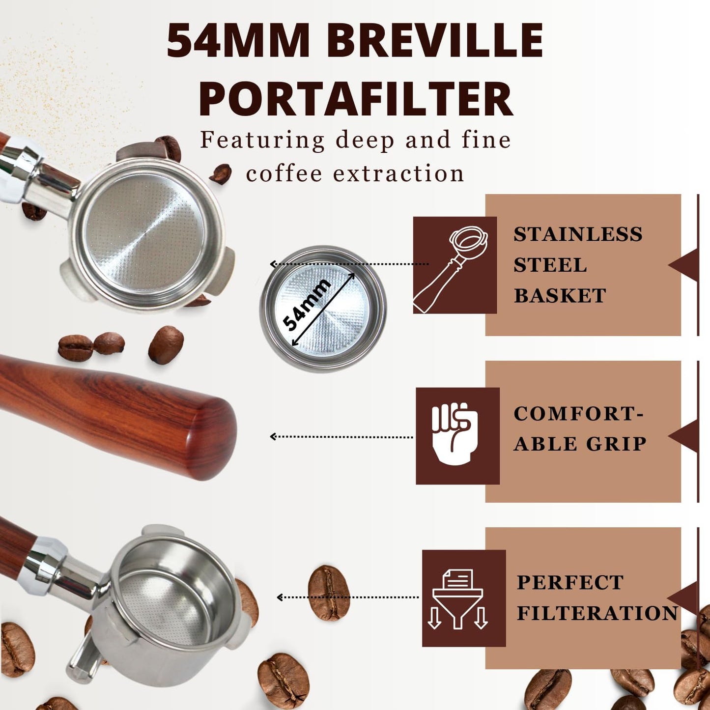 Espresso Portafilter 54mm Double Spout Compatible with Breville Bambino Plus (BES500) Infuser (BES840XL) 54mm Breville Barista Series- Wooden Handle - Stainless Steel Filter Basked Included