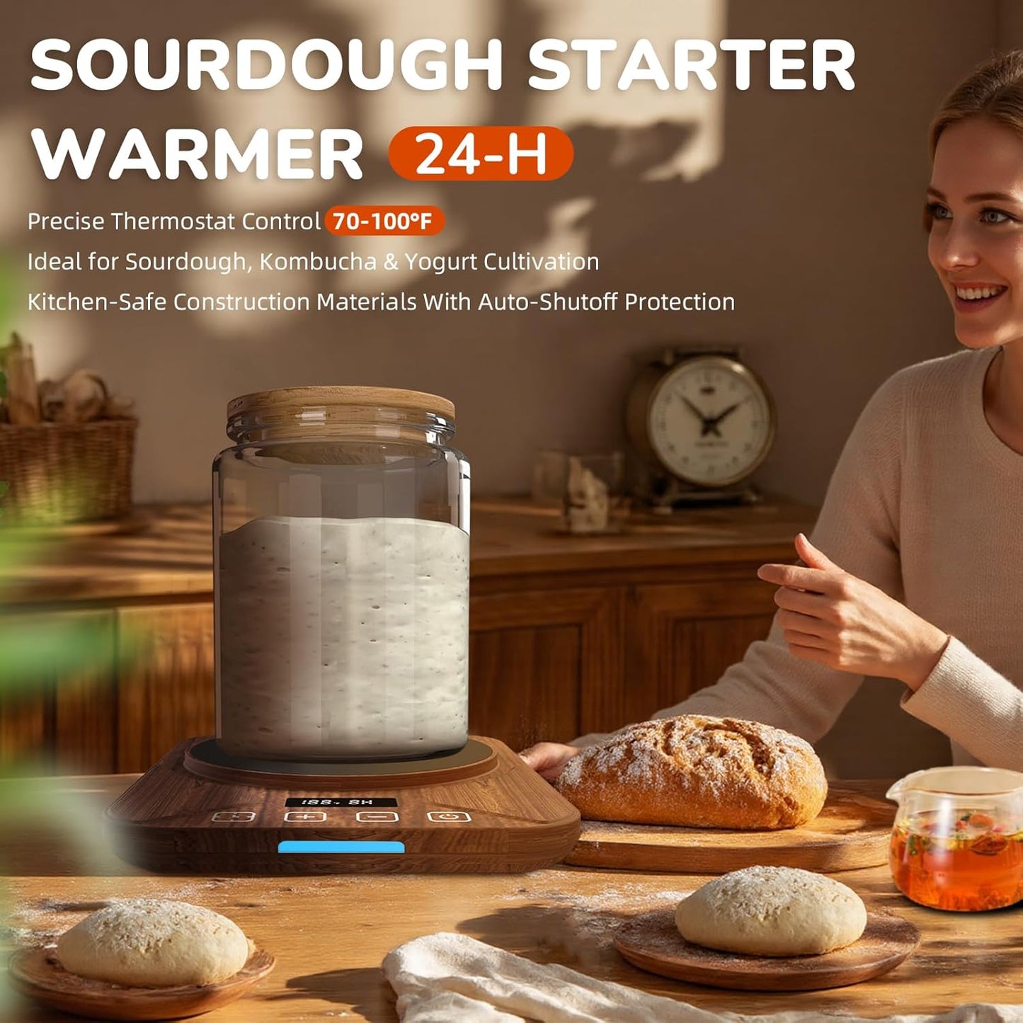 Sourdough Starter Warmer Mat - 24H Timer - Precise 1°F Thermostat Control (70-100°F) - Smart Memory Warming On/Off - Fits Jars Up to 40oz - Perfect for Home Baking (Brown)