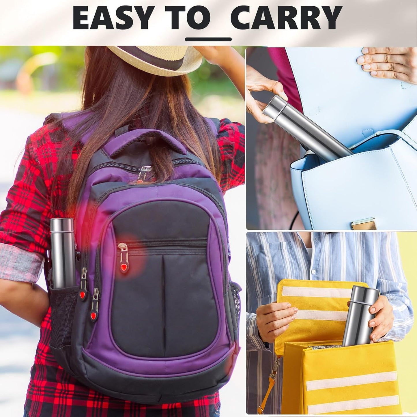 Vesici Slim Water Bottle 8.8 oz Small Stainless Steel Purse Compact Insulated Water Bottles Camping Travel Backpack Pocket Flask for Car Cold Coffee Tea(Silver,2 Pack)