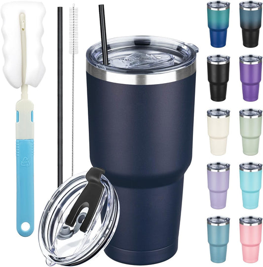 30 oz Tumbler with Lids and Straws, Stainless Steel Insulated Coffee Tumbler, Double Wall Vacuum Insulated Travel Mug Cup, Leakproof Thermal Coffee Cup for Hot and Cold Drinks (Navy Blue)