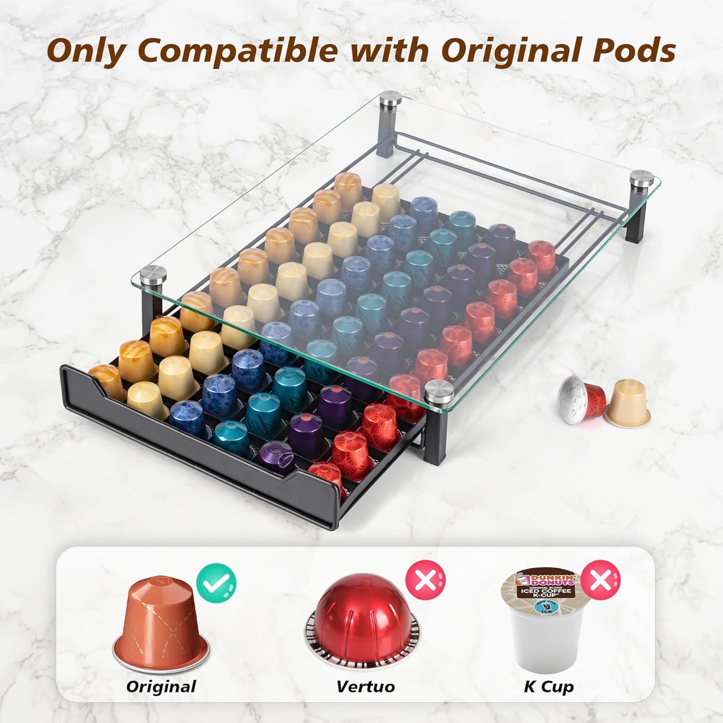 RECAPS Coffee Pod Holder Storage Small Pod Drawer Pods Holder Compatible with Nespresso Original Line Coffee Pods Kitchen Organizer Holds 60 Pods （NOT Compatible with Vertuoline）