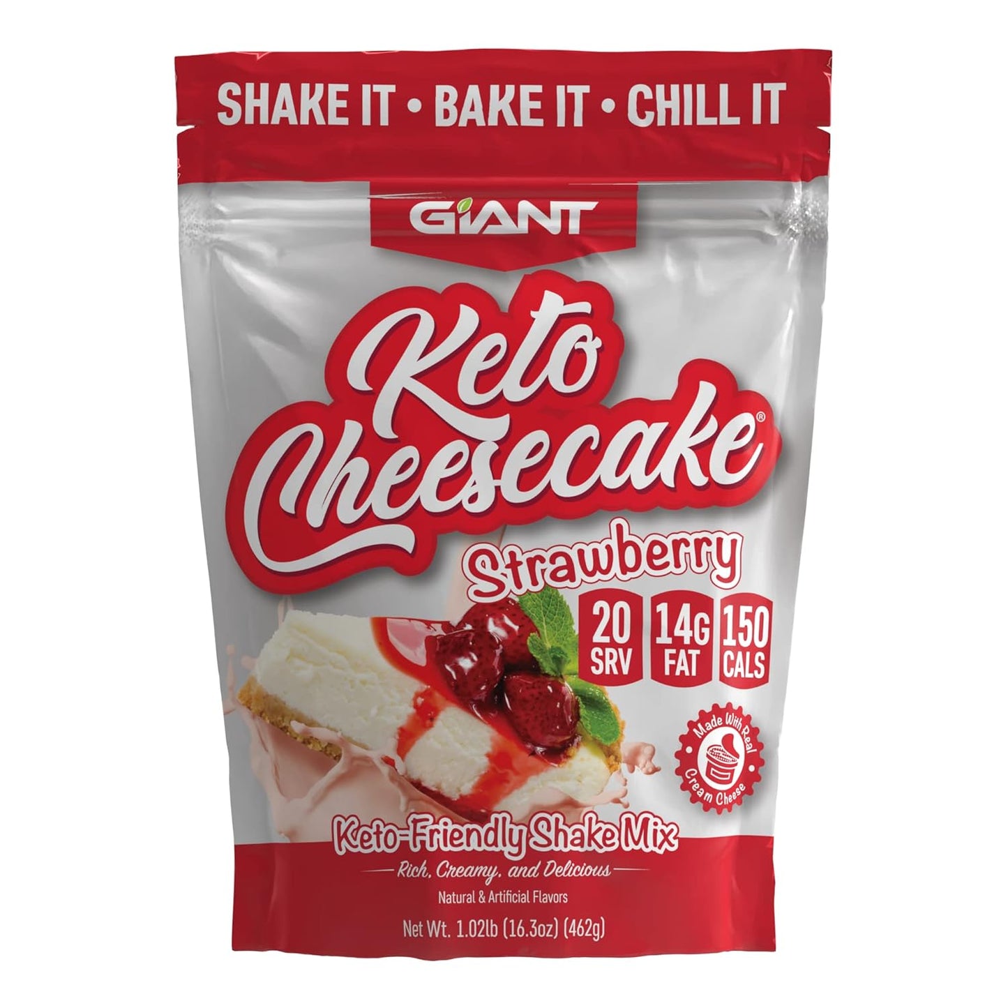 Giant Sports Keto Cheesecake Shake Mix - Delicious Low Carb, Ketogenic Diet Gluten Free Powder Mix - Works Great with Almond Milk - Strawberry (20 Serving Bag)