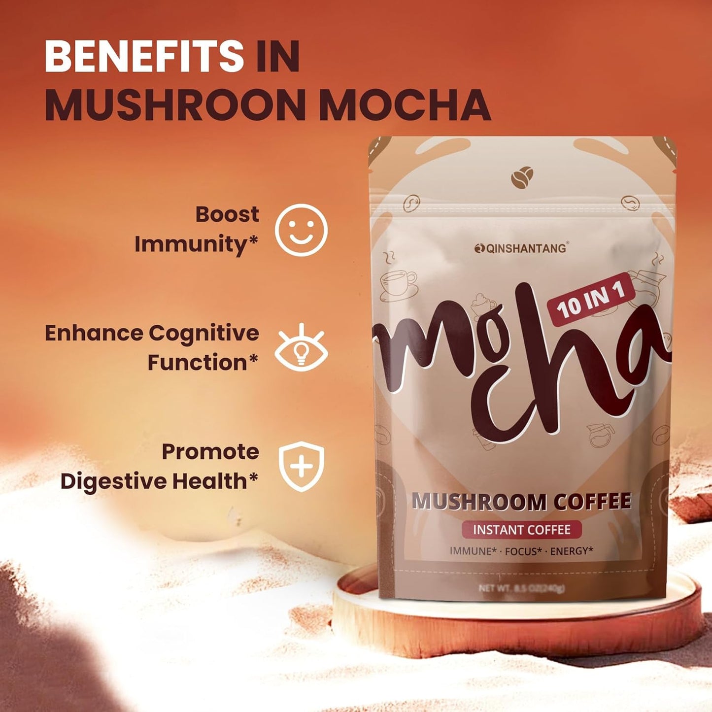 Mushroom Mocha, 10 Mushrooms Blend Mocha Coffee, MCT and Cocoa Powder | Adaptogenic Superfood for Focus, Immunity & Gut Health | Vegan, Gluten-Free, Non-GMO | 8.5 Oz