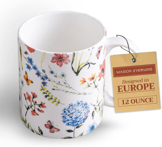 Maison d' Hermine Coffee Mug with Handles Fine Bone China Mugs Pack of One Tea Cups for Hot Beverages Cappuccino Latte Home Restaurant Office Perfect for Gift (Just Floral - Poppies Always, 12 Ounce)