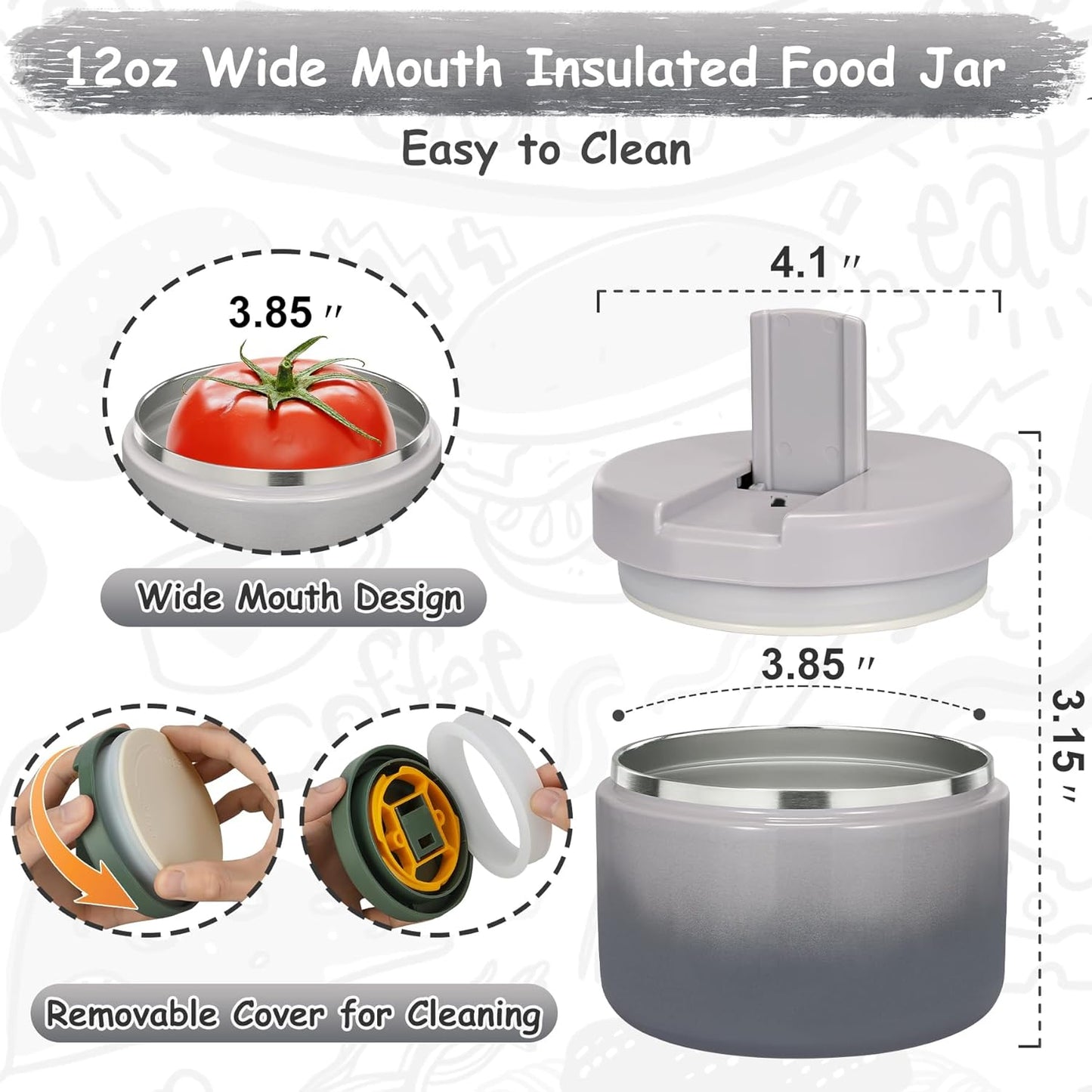 12oz Insulated Vacuum Food Jar with Buckle Lid Wide Mouth Soup Thermo for Hot Food Kids Leakproof Stainless Steel Lunch Container (Gradient Grey, 12OZ)