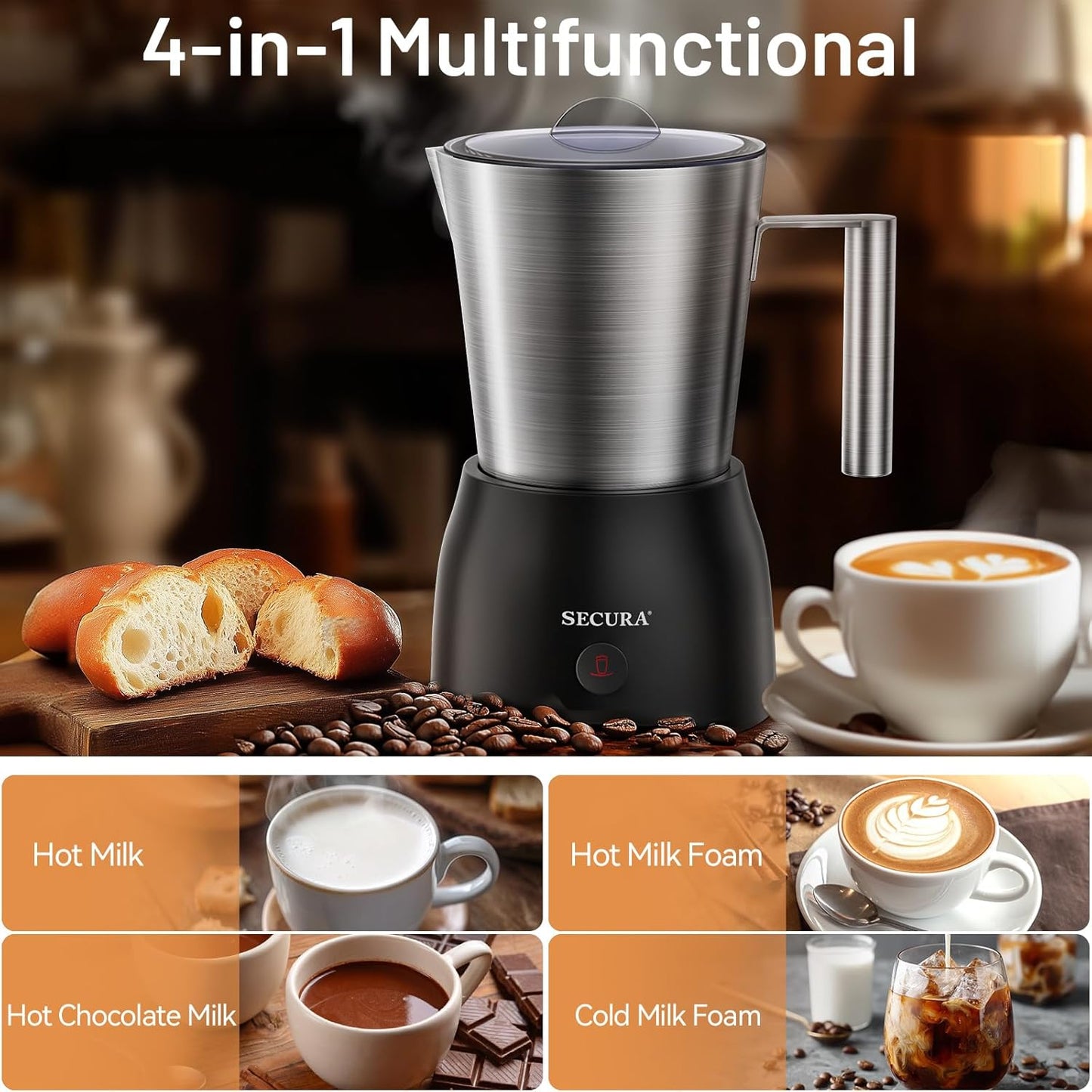 Secura Detachable Milk Frother, 17oz Electric Milk Steamer Stainless Steel, Automatic Hot/Cold Foam and Hot Chocolate Maker with Dishwasher Safe, 120V