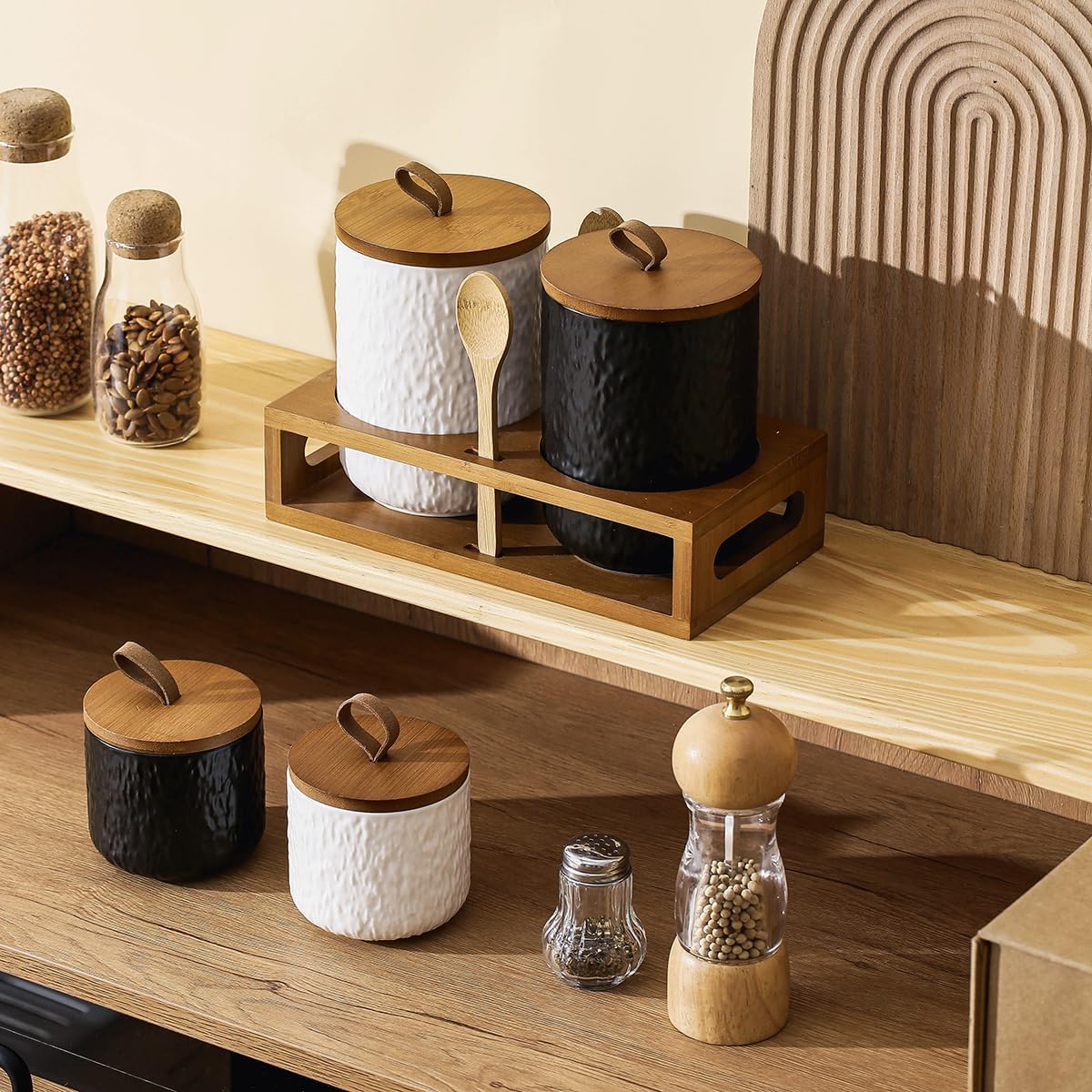 Black White Ceramic Coffee Canister Tea Canister with Seal Wood Lid, Airtight Coffee Storage Container for Coffee Bean, Ground Coffee, Sugar, Cookie Candy jar (Black, 1300ml)