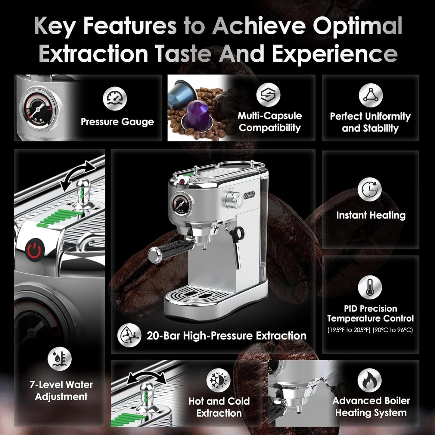 20-Bar Espresso Machine & Coffee Machine – Compatible with Nespresso, Keurig K Cup – Hot & Cold Brew, Milk Frother, Stainless Steel – 10 oz Espresso Cup - Latte Machine & Cappuccino Machine