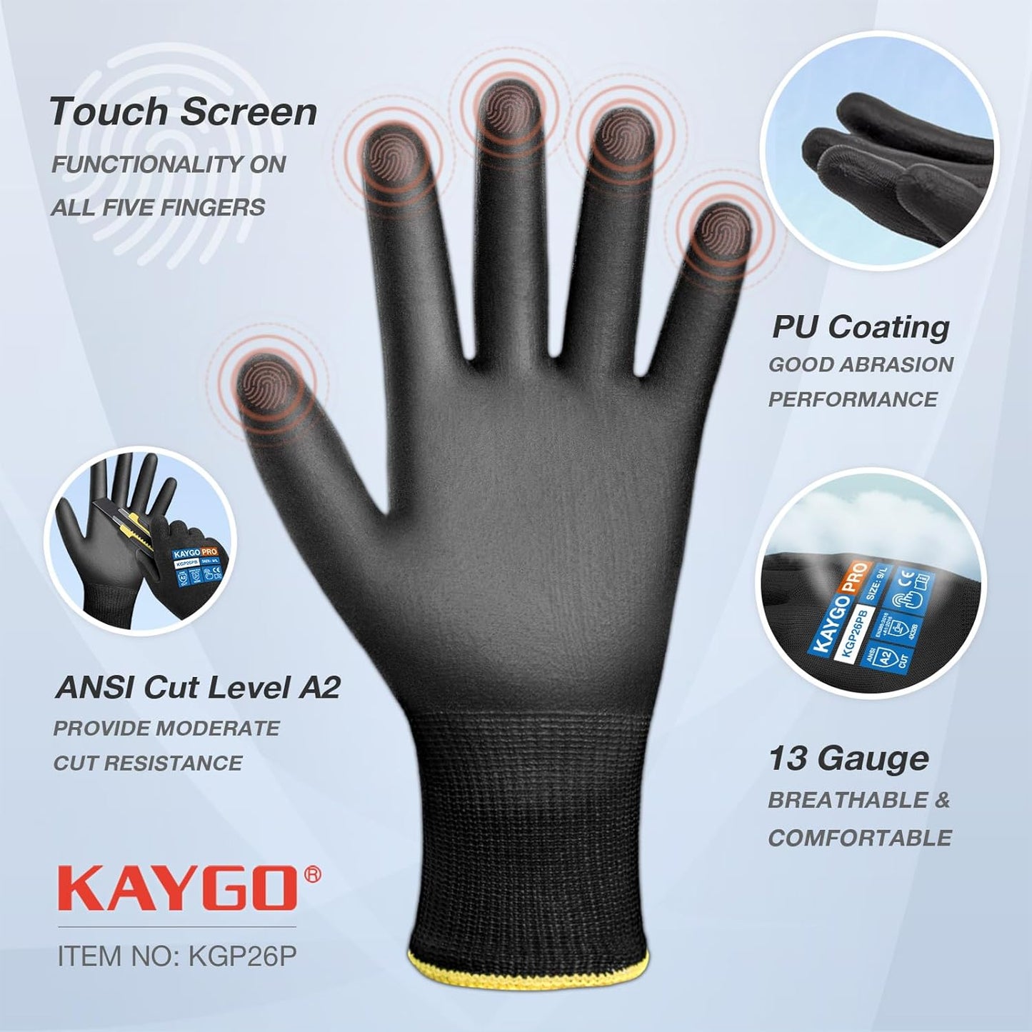 KAYGO Cut Resistant Gloves PU Coated, 12 Pairs Safety Work Gloves with full fingers Touchscreen, ANSI Cut Level A2, for Men and Women, Ideal for General Duty Work KG11P, Black,S