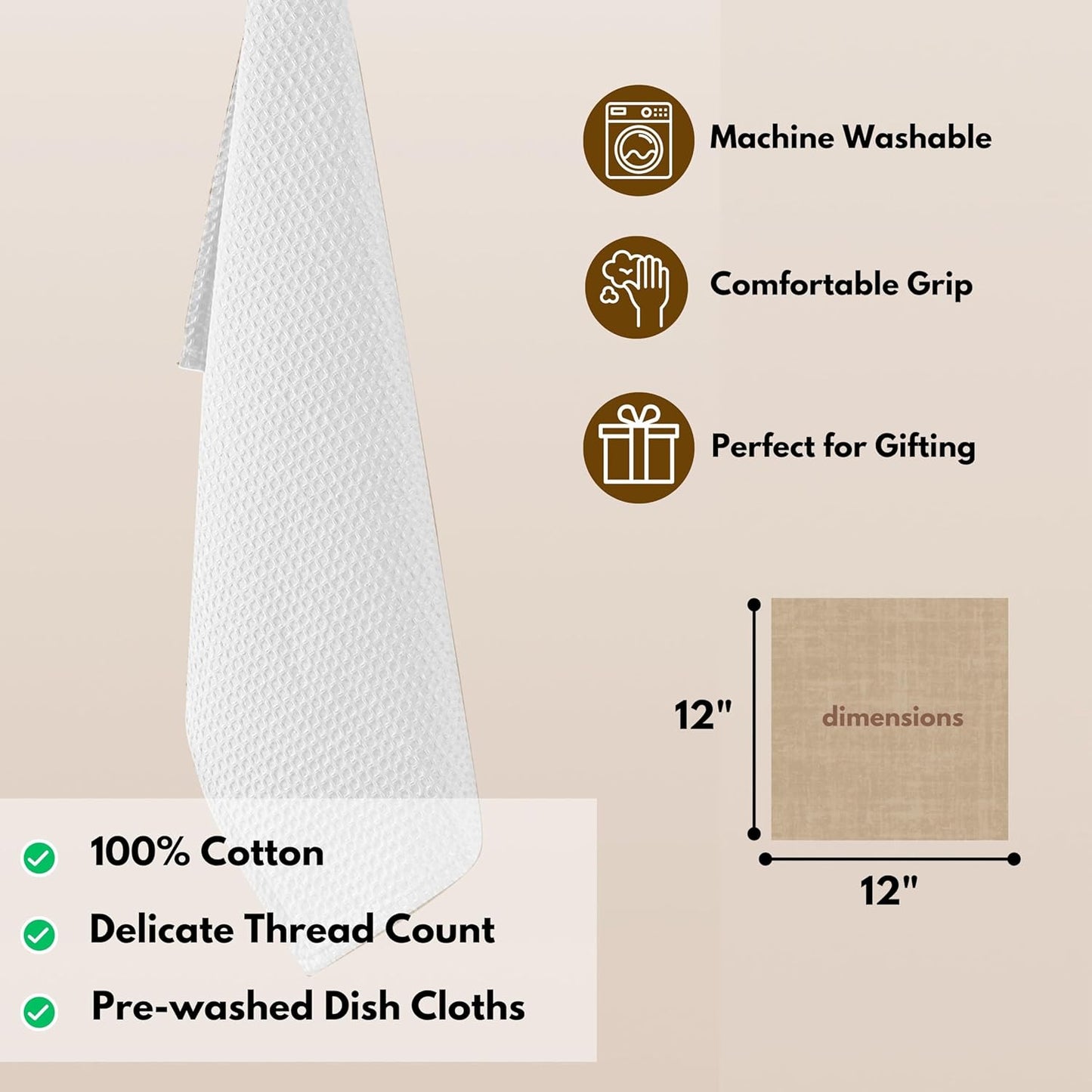 Native Fab 6 Pack Waffle Dish Cloths - 100% Cotton, Absorbent, Quick Drying & Soft Towels for Cleaning, Cooking & Baking - Ideal for Home, Restaurants & Cafes - 12x12 Inches - White