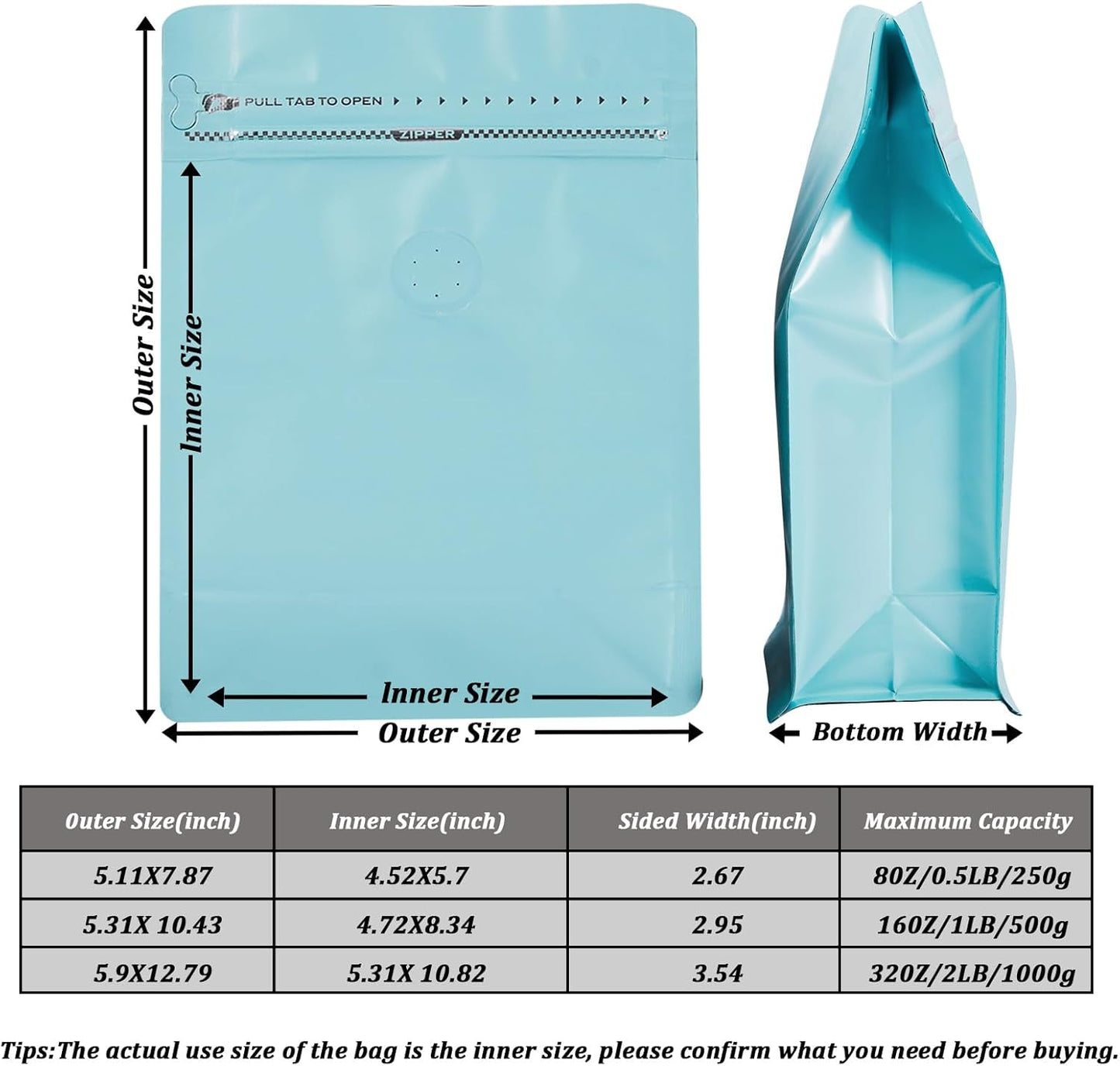 Coffee Bags with Valve (50 PCS,8oz/0.5lb) Blue High Barrier Aluminum Foil Flat Bottom Standing Coffee Beans Storage Packaging Bags, Reusable Heat Seal Side Zipper Pouches for Small Business and Home