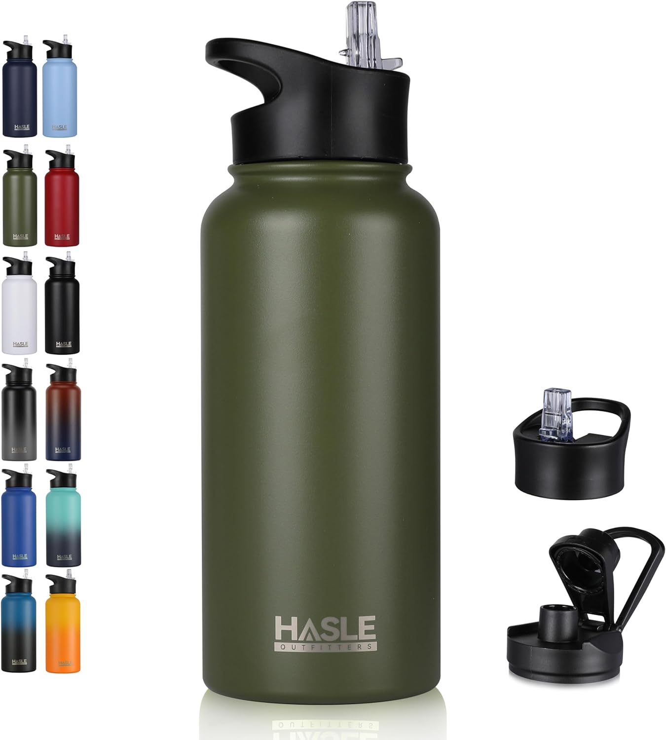 HASLE OUTFITTERS 32 oz Insulated Water Bottle Stainless Steel Double Walled Vacuum Sports Water Bottle with 2 Lids (Straw and Spout Lid) for Gym Camping Hiking（Army Green,1）