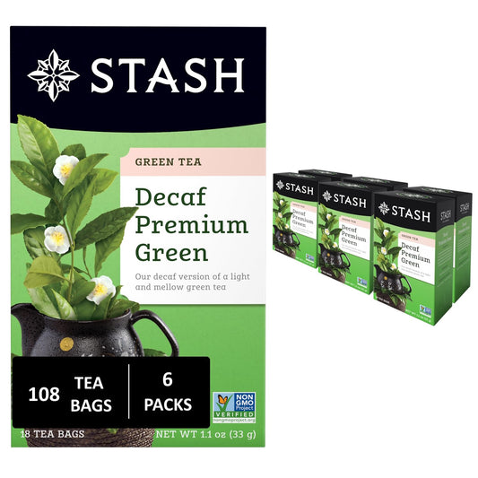 Stash Tea Decaf Premium Green Tea - Decaf, Non-GMO Project Verified Premium Tea with No Artificial Ingredients, 18 Count (Pack of 6) - 108 Bags Total