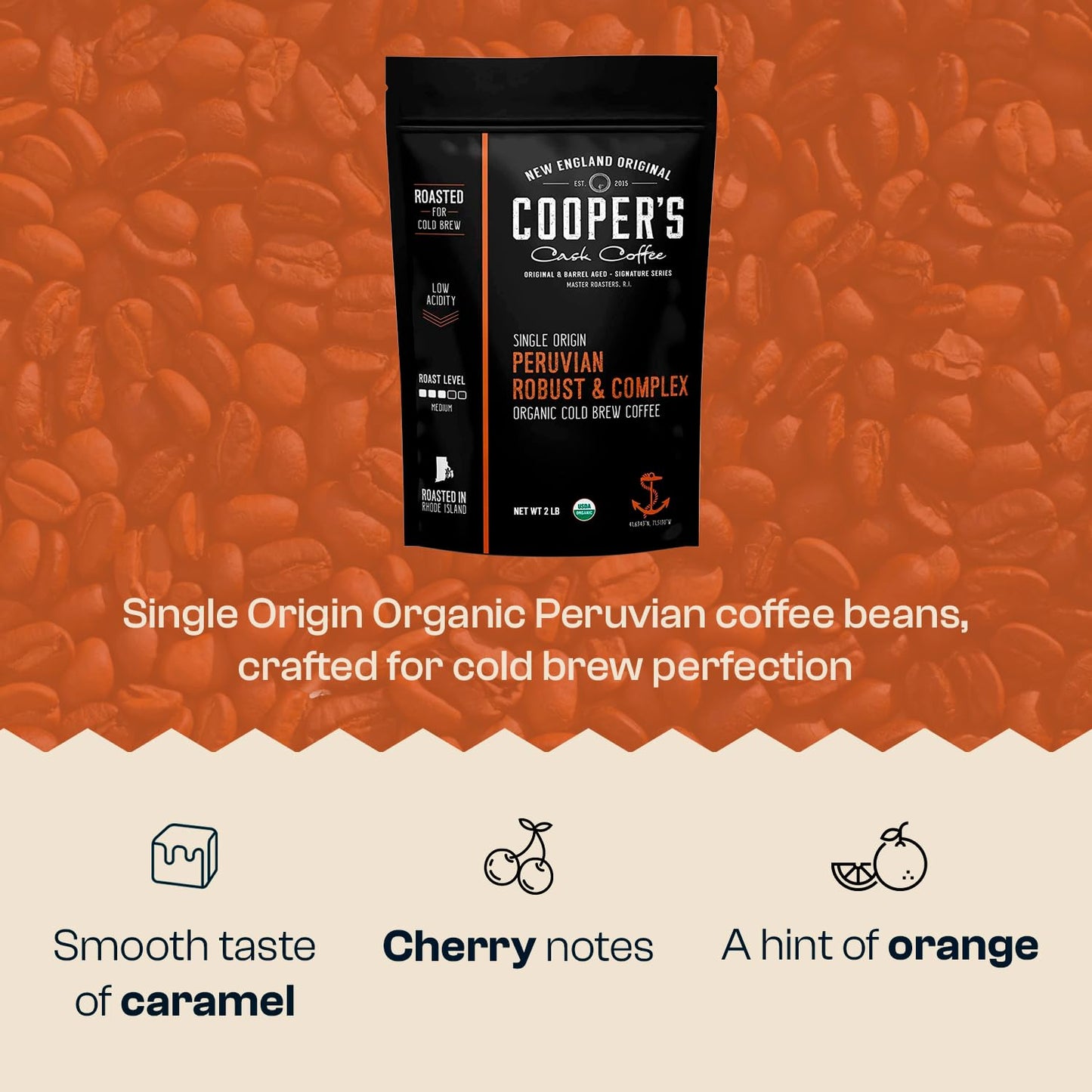 Organic Cold Brew Coffee Peru Reserve Single Origin Peruvian Coarsely Ground - 2 lb. Bag - Medium Roast