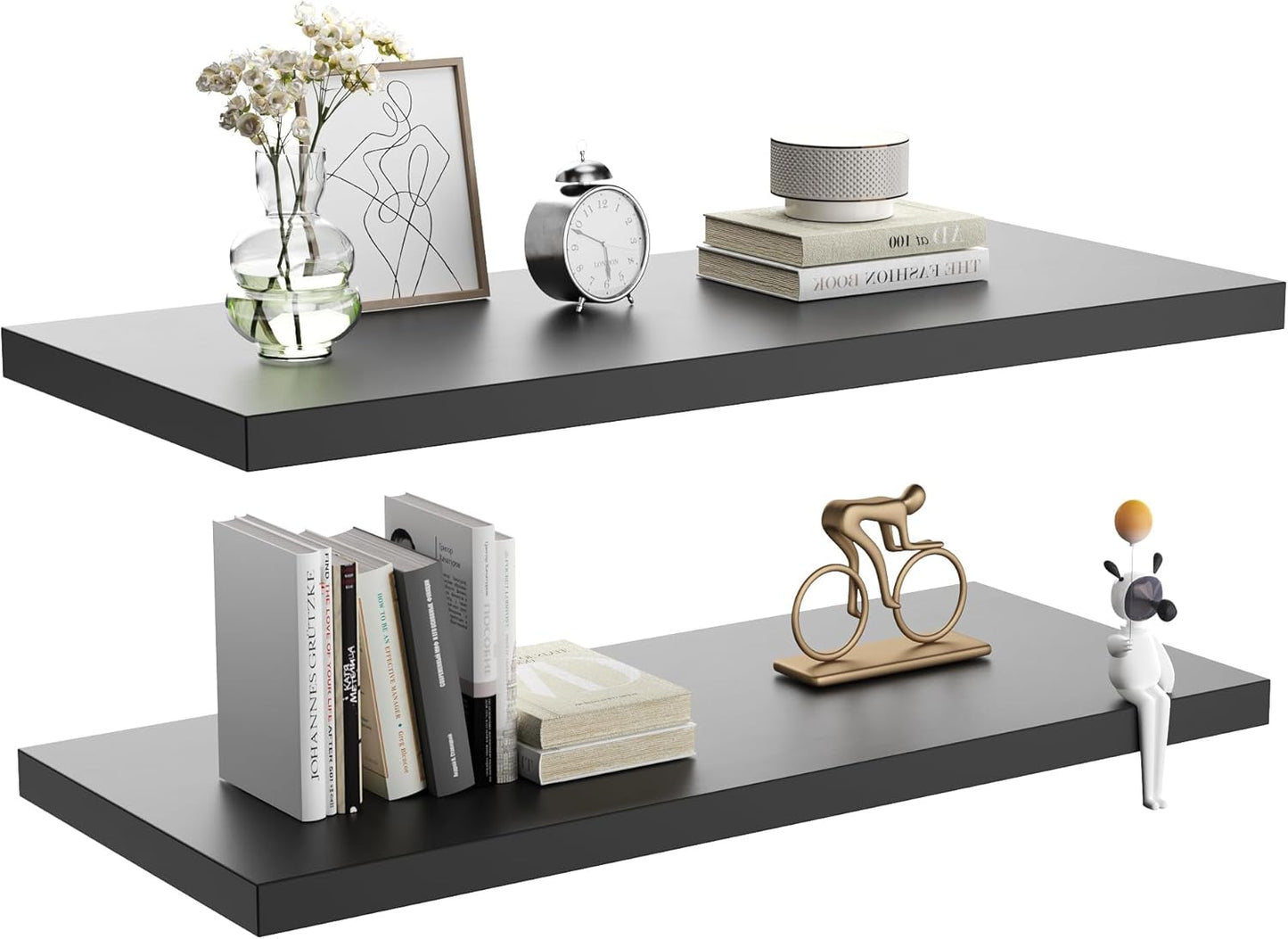 Wall Shelf Set of 2, Black Floating Shelves 30 in W x 10 in D x 1 in H, Wooden Floating Wall Shelf with Invisible Brackets for Living Room/Bedroom/Bathroom/Kitchen Storage and Decor