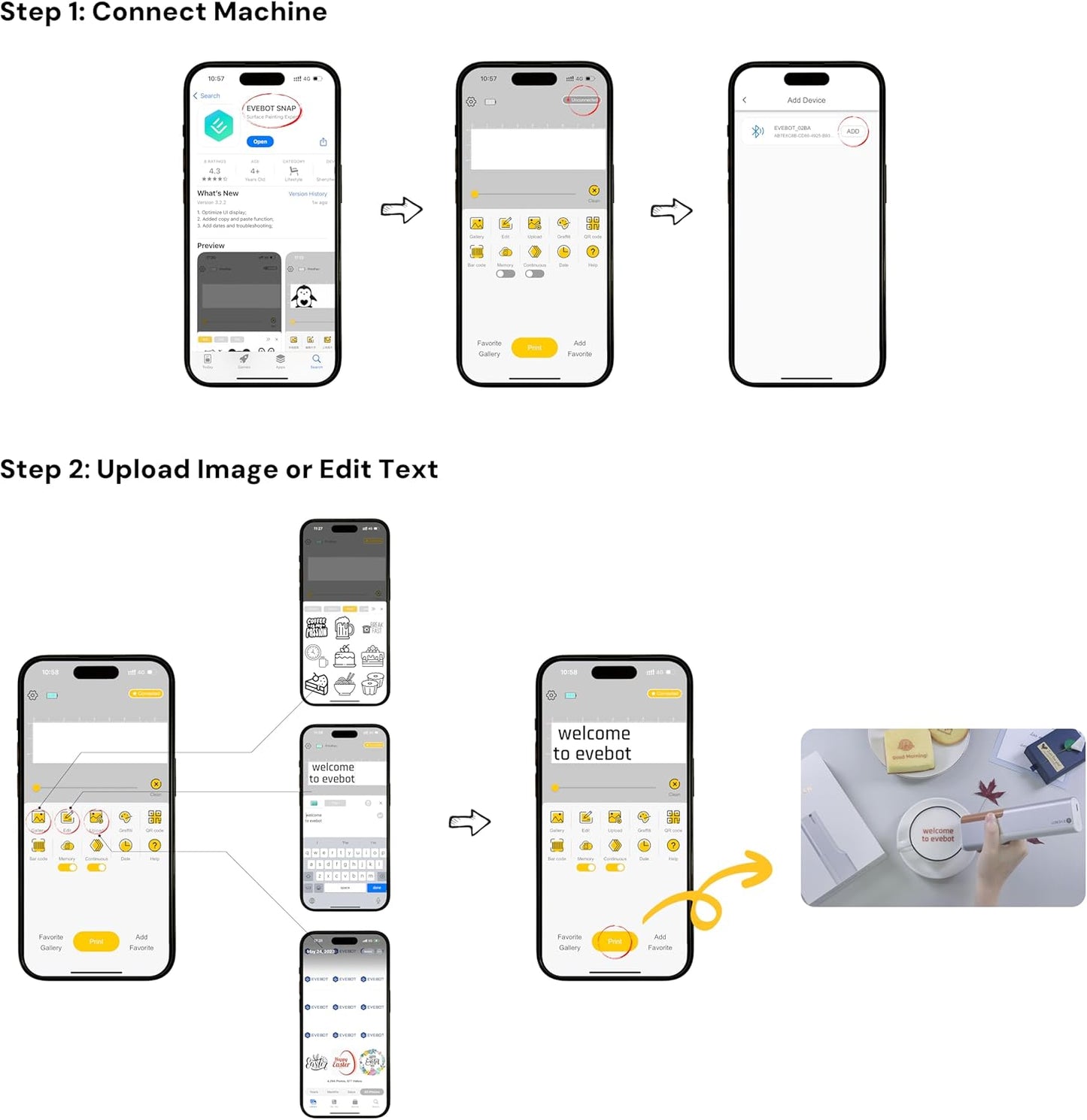 EVEBOT Handheld Food PrintPen, Portable Mini Latte Art & Dessert Decorator for Coffee, Macarons, Cookies - Bluetooth 4.2, Matcha