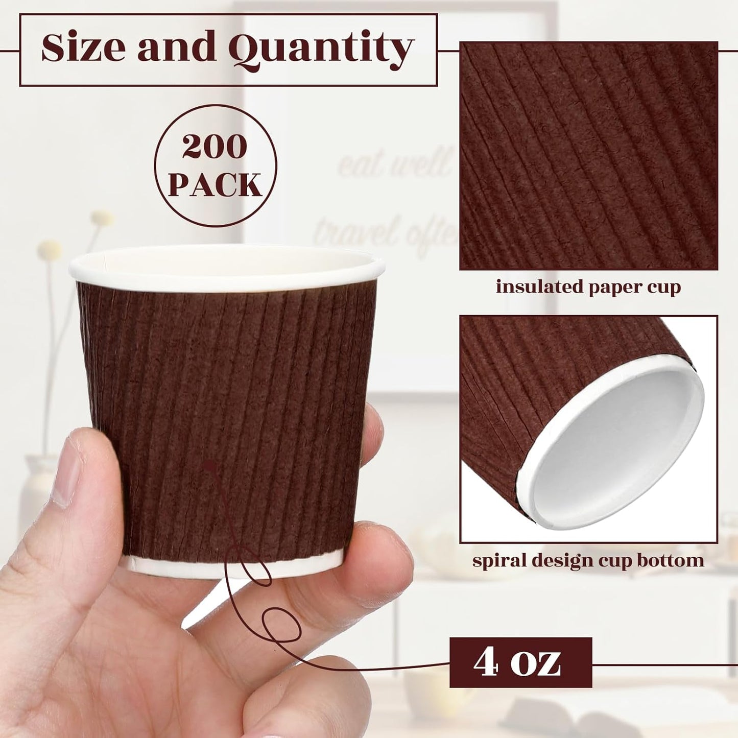 Yaomiao 200 Pcs 4 oz Disposable Espresso Coffee Cups Ripple Corrugated Paper Insulated Hot Cups for Party Cold Drinks Hot Beverage Tea(Coffee)
