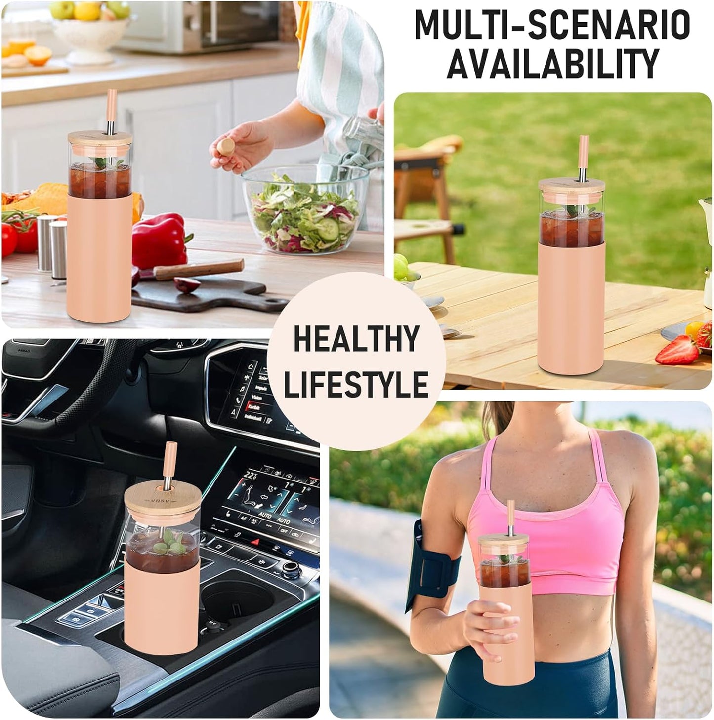 Glass Tumbler w/Lids & Straw - 24oz Reusable Mug w/Bamboo Lid & Stainless Steel Straw - BPA-Free, Leak-Proof, Dishwasher Safe for Coffee, Smoothies, Hot Beverages, Travel, Office, Home Use，4-PK