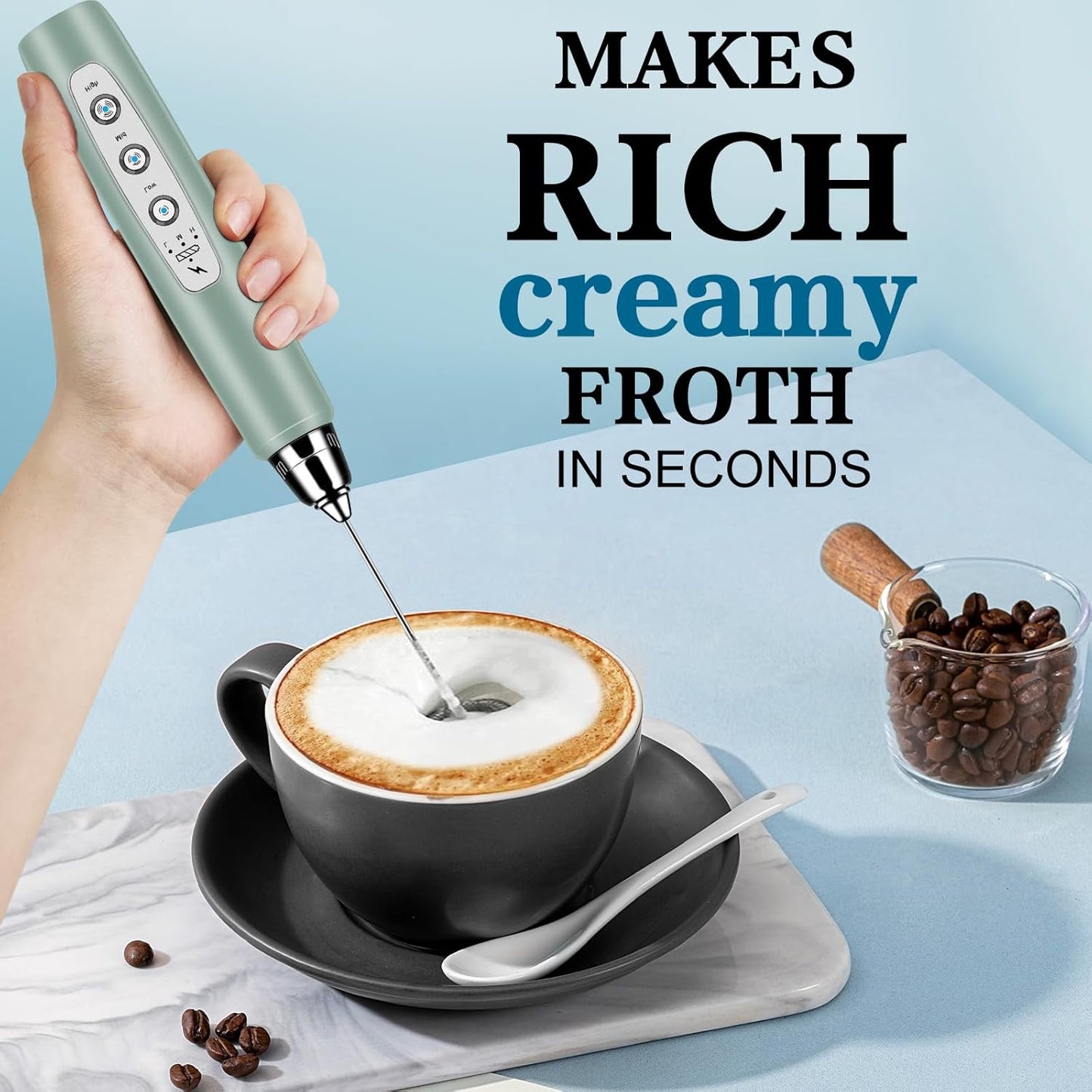 Milk Frother Handheld for Coffee, Electric Whisk 3 Speed Adjustable, Drink Mixer with Stainless 3 Whisks, Rechargeable Hand Frother Wand, Foam Maker for Latte Cappuccino Hot Chocolate Egg Green
