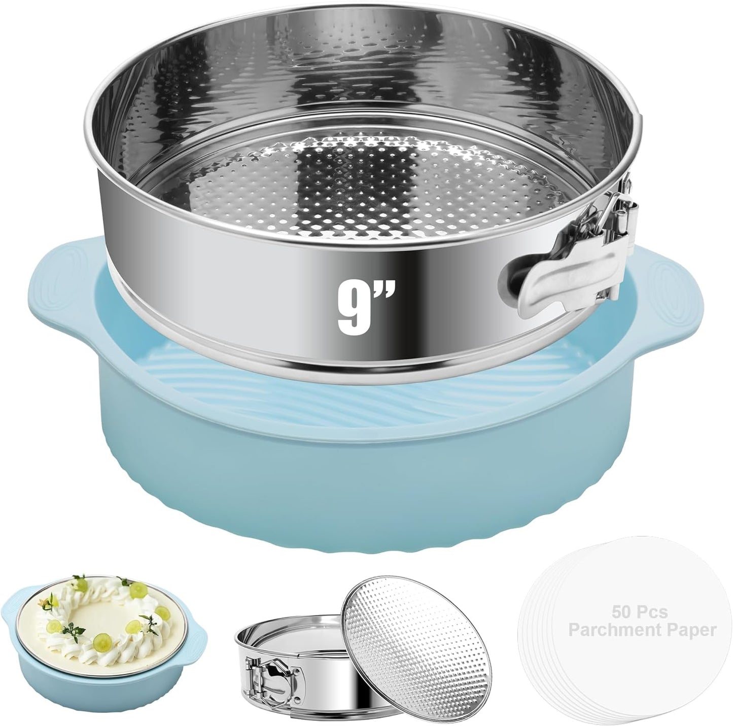 9 Inch Springform Pan with Silicone Pan Protector, 304 Stainless Steel Nonstick Leakproof Springform Cake Pan with Removable Bottom with 50pcs Parchment Paper